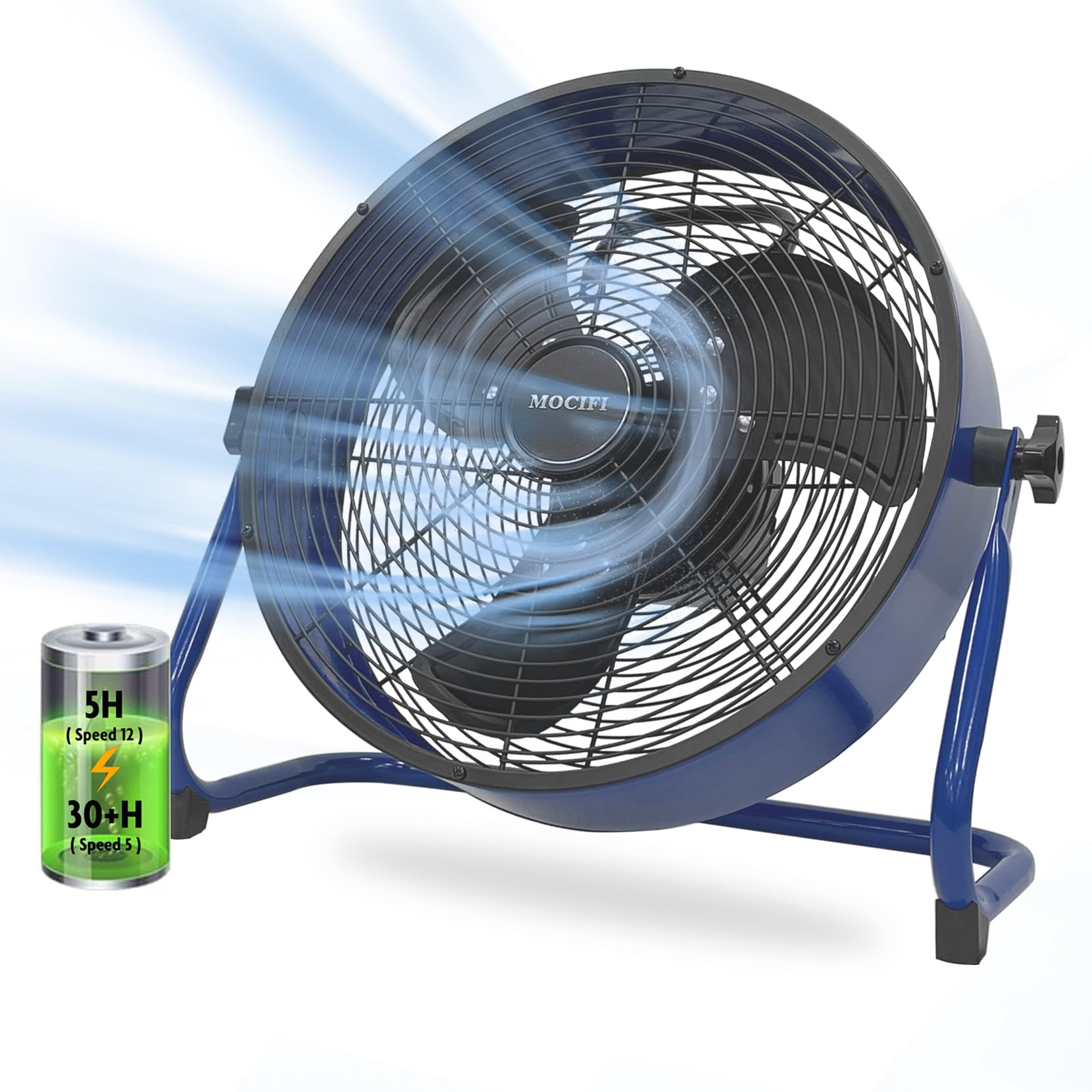12-Speed Rechargeable Battery Operated Floor Fan - High Velocity Portable Cordless Fan with USB Phone Charging - Perfect for Camping, Travel, Patio & Indoor Use - 12 Inch Blue Cooling Fan for Home, Office, Outdoor Activities