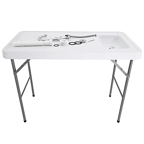 Portable Folding Fish Cleaning Table with Sink - Outdoor Camping Sink Station with Faucet & Hose Hook Up - Perfect for Fishing, Camping, Picnics & Dock Use - Includes Camping Accessories & Bench