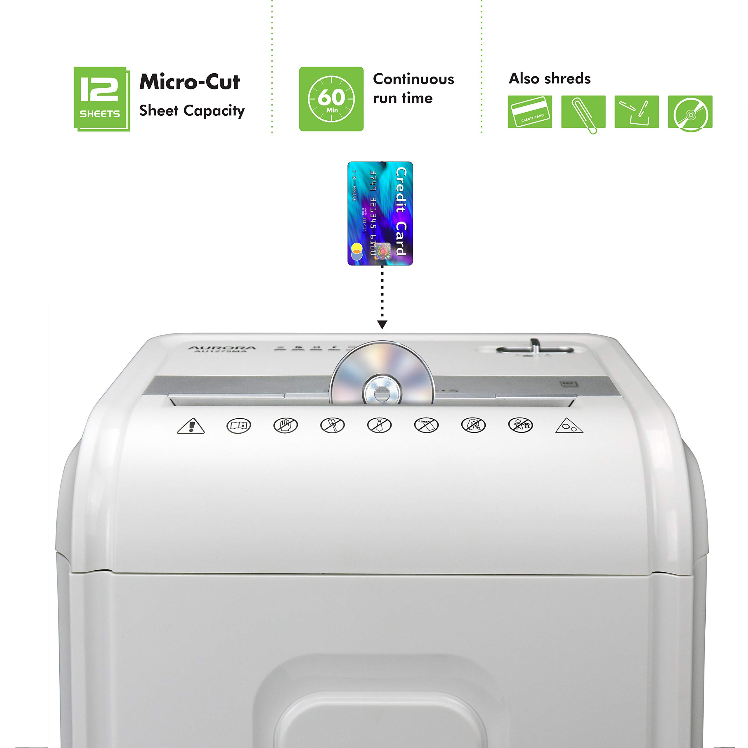Aurora AU1275MA Professional 12-Sheet Micro-Cut Paper Shredder with CD/Credit Card Slot - 60 Min Continuous Run, White/Gray - Ideal for Home Office & Small Business Document Security