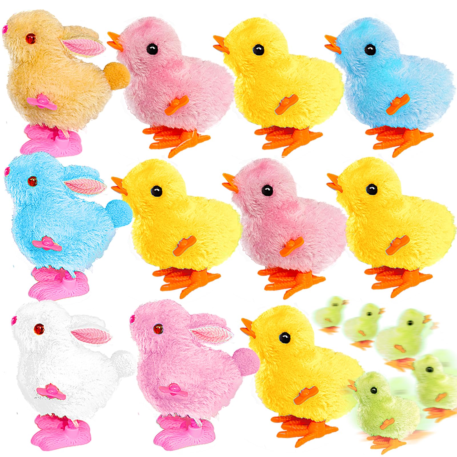 12PCS Wind Up Chicken Bunny Jumping Chicks - Cute Hopping Rabbits Plush Toys for Kids Toddlers - Easter Basket Stuffers, Birthday Party Favors, Classroom Rewards & Fun Sensory Play Gifts