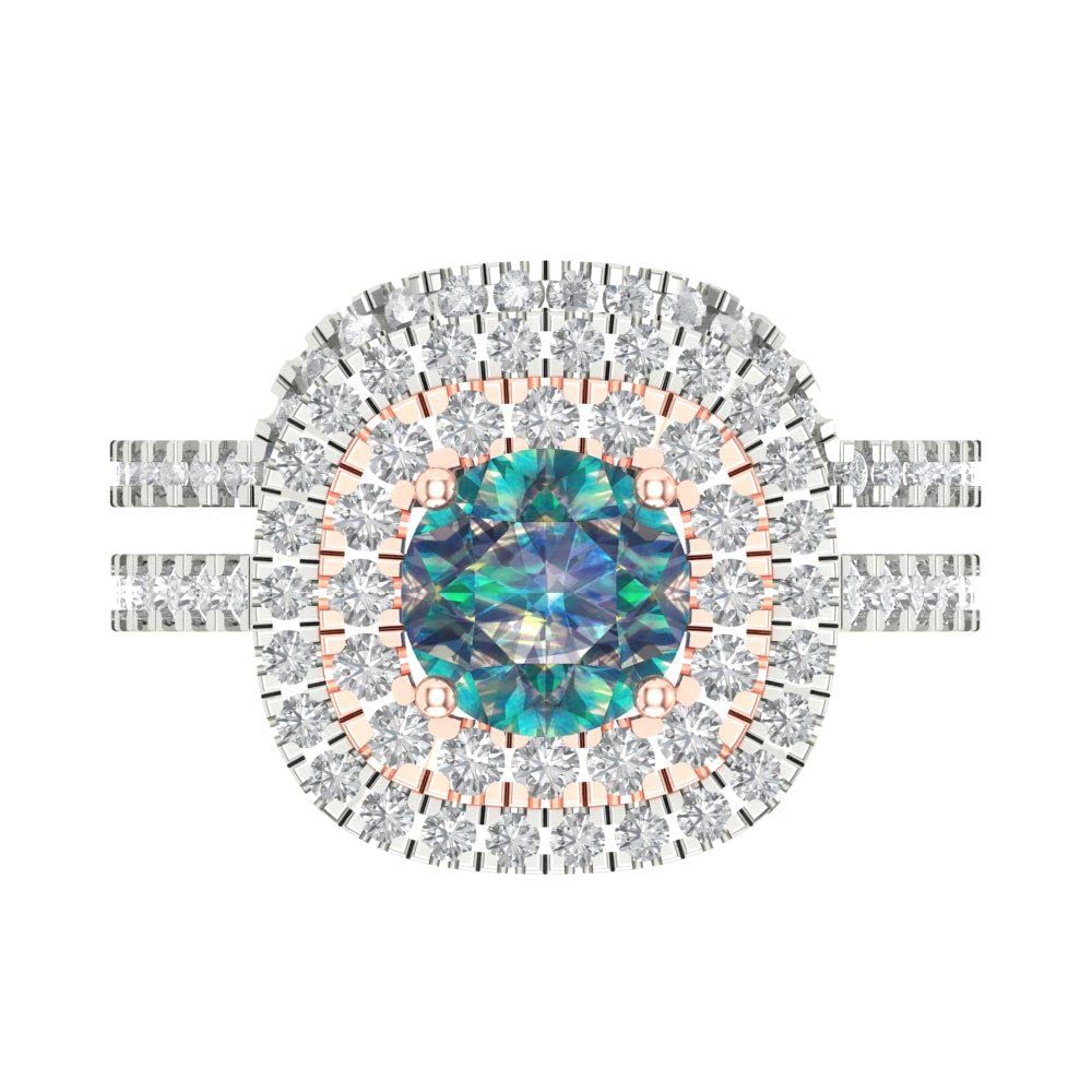 2.0ct Round Cut Halo Solitaire Blue Moissanite Engagement Ring - 14k White & Rose Gold Wedding Band Set for Women | Anniversary, Promise & Bridal Jewelry Gift