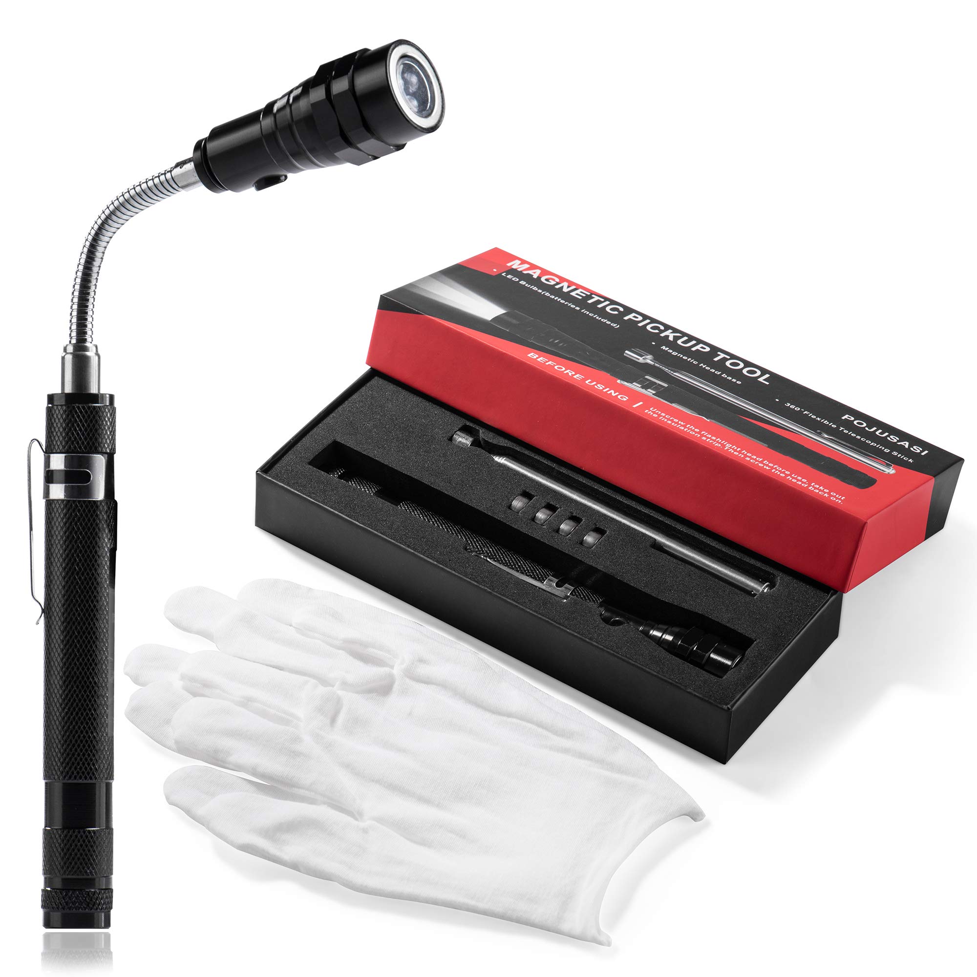 Magnetic Pickup Tool with LED Light & Gloves - Telescoping Rotatable Magnetic Stick for DIY, Auto Repair & Workshop - Flexible Extendable Magnet Wand - Great Gift for Men, Mechanics & Handymen