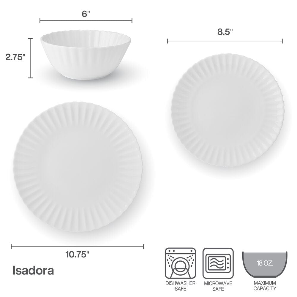 Isadora 12-Piece Dinnerware Set for 4 - Elegant Porcelain Dinner Plates, Salad Plates, Bowls - Perfect for Family Dinners, Holiday Entertaining & Restaurant-Style Dining