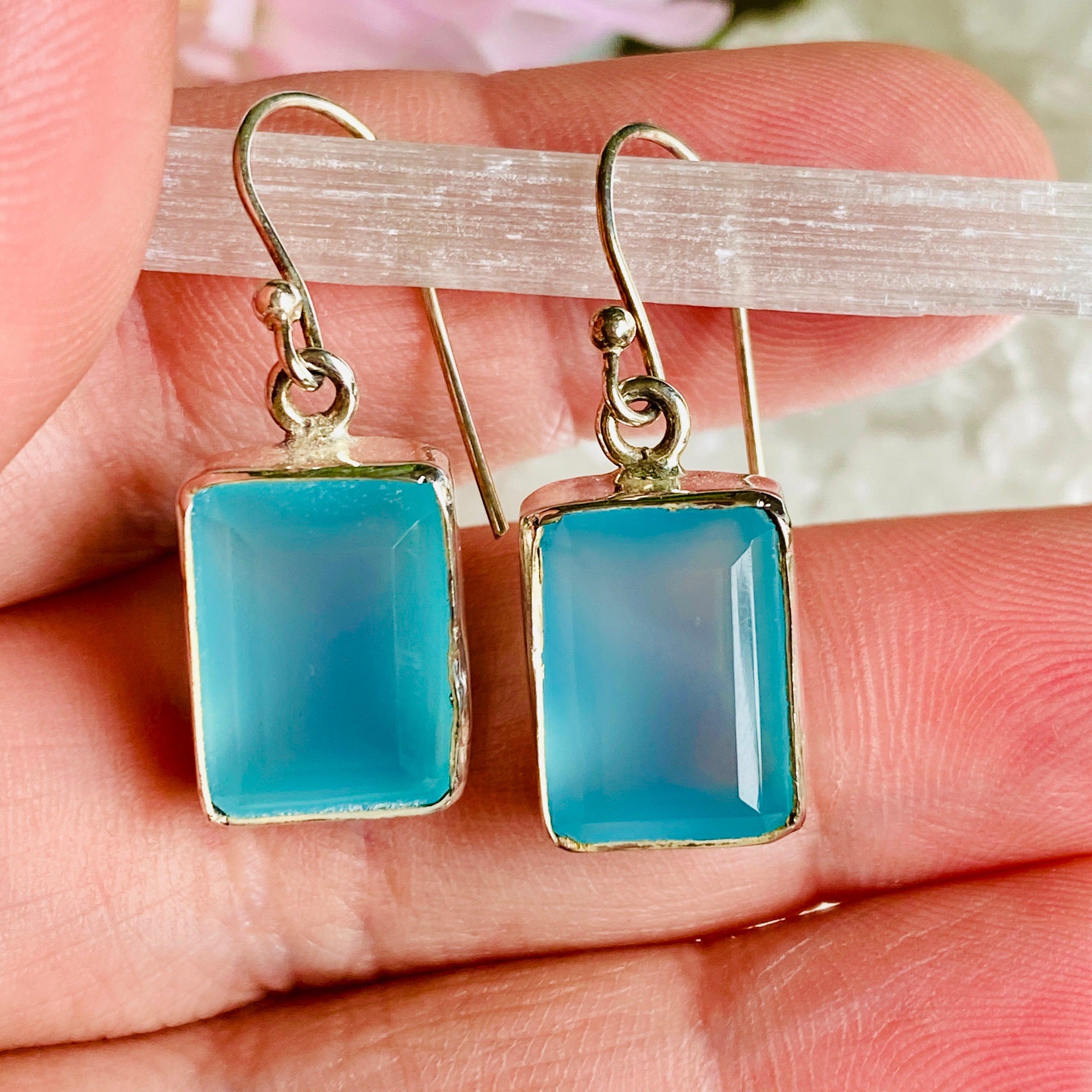 Blue Chalcedony Faceted Rectangular Earrings for Women – Elegant Gemstone Jewelry for Parties, Weddings & Special Occasions – KEGJ817