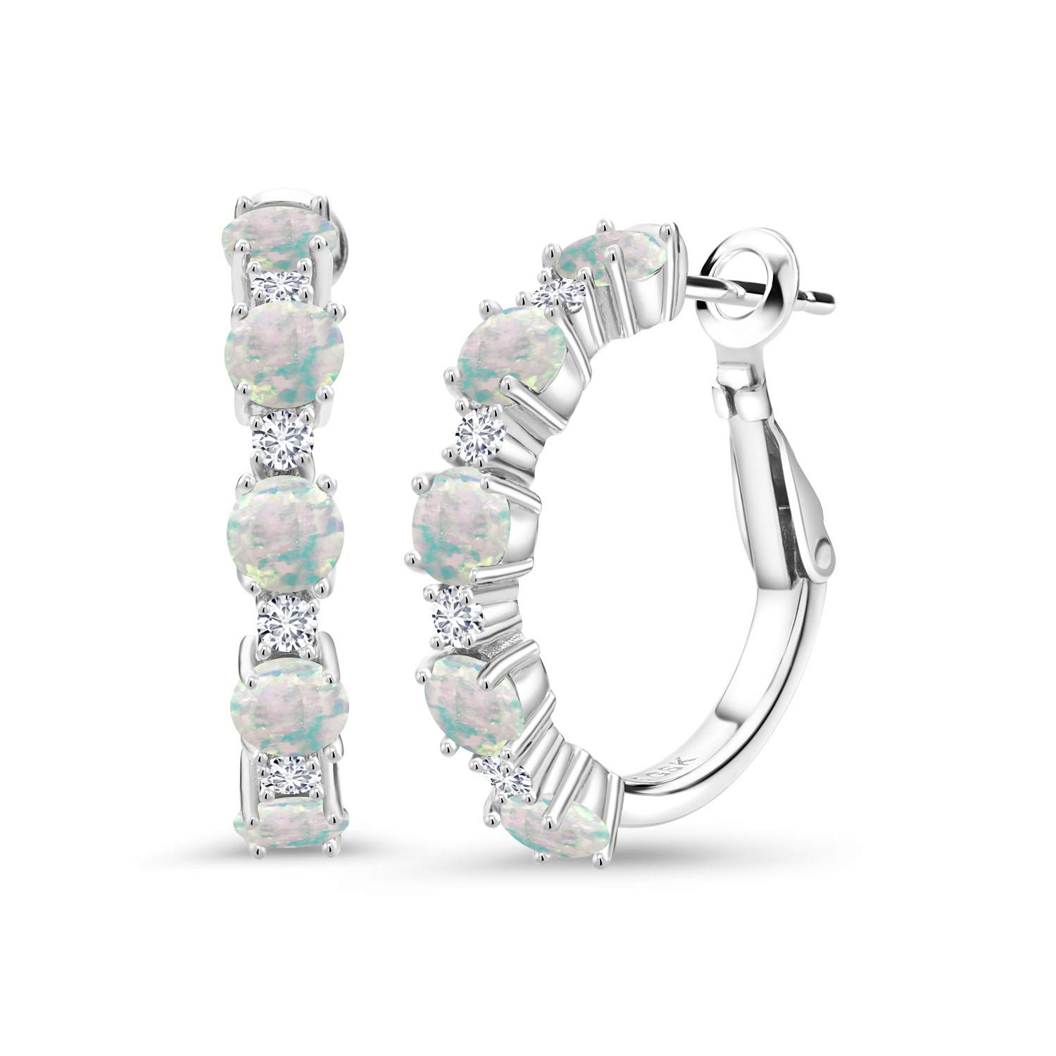 Gem Stone King 925 Sterling Silver White Simulated Opal & Lab-Grown Diamond Hoop Earrings for Women - 2.80 CTTW, Round 4MM & 1.9MM, October Birthstone Jewelry - Perfect for Birthday Gifts, Anniversary & Special Occasions