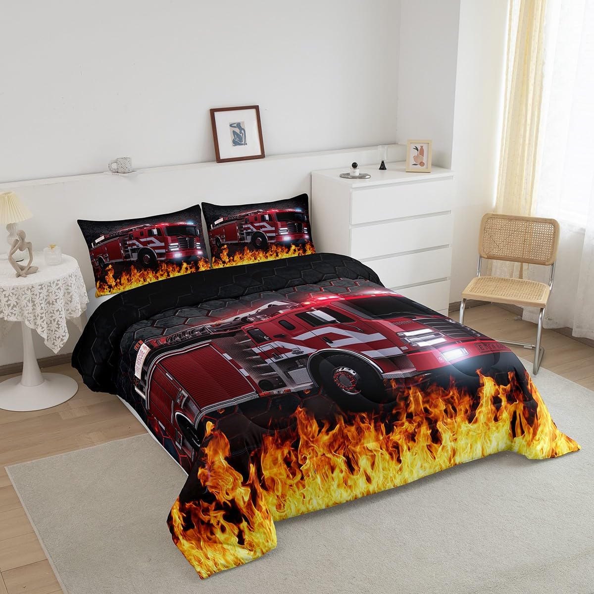 Firefighter Car Comforter Set - Fire Truck Bedding Twin Size Black & Red Honeycomb Quilted Duvet Cover with Pillowcase for Teen Boys, Kids & Young Men | Soft Cozy Bedroom Decor for Firefighter-Themed Rooms & Gift Ideas