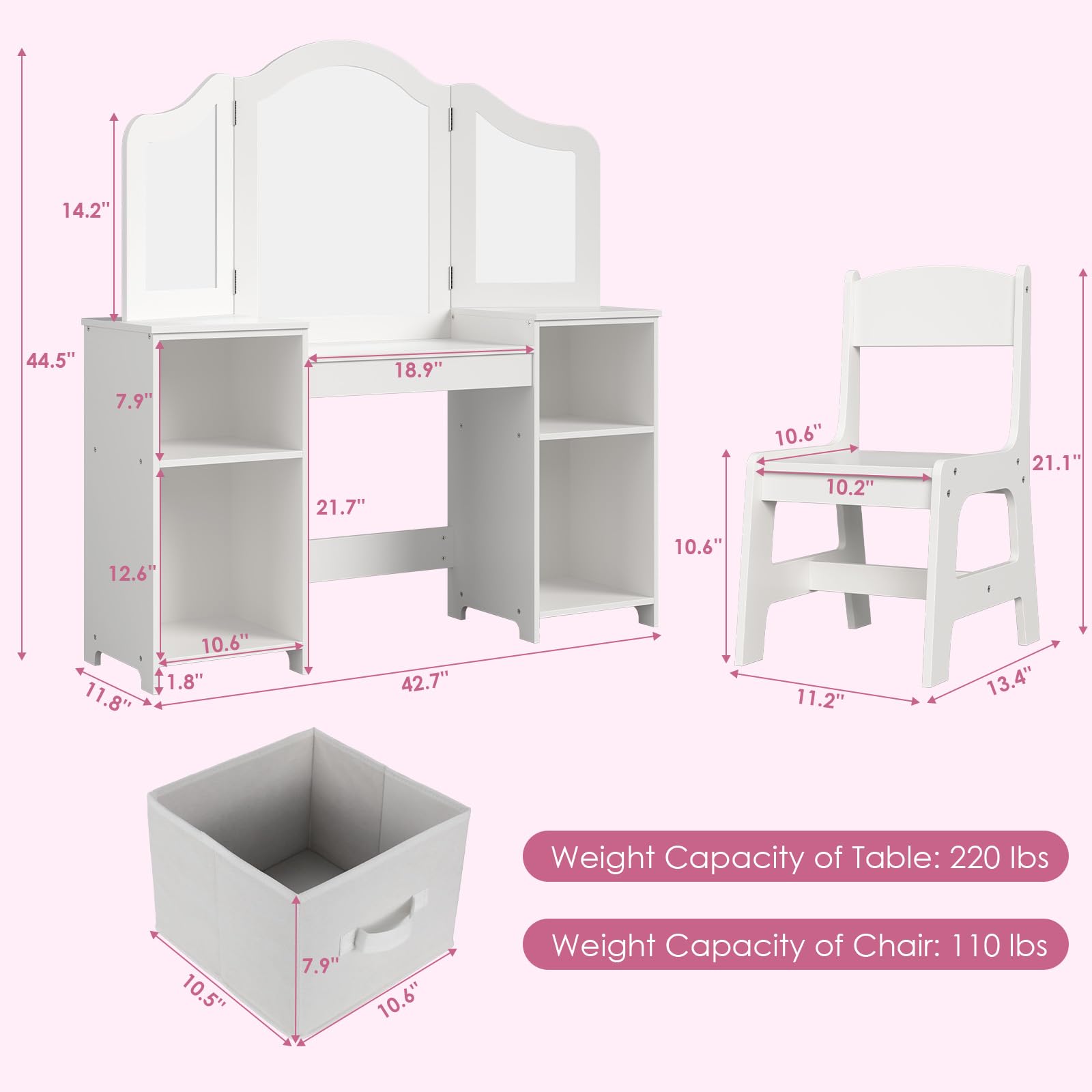 Arlopu Kids Vanity Set - Wooden Princess Dressing Table with Tri-Folding Mirror, Stool & Canvas Drawer for Little Girls (White) | Perfect for Pretend Play, Birthday Gifts & Bedroom Decor
