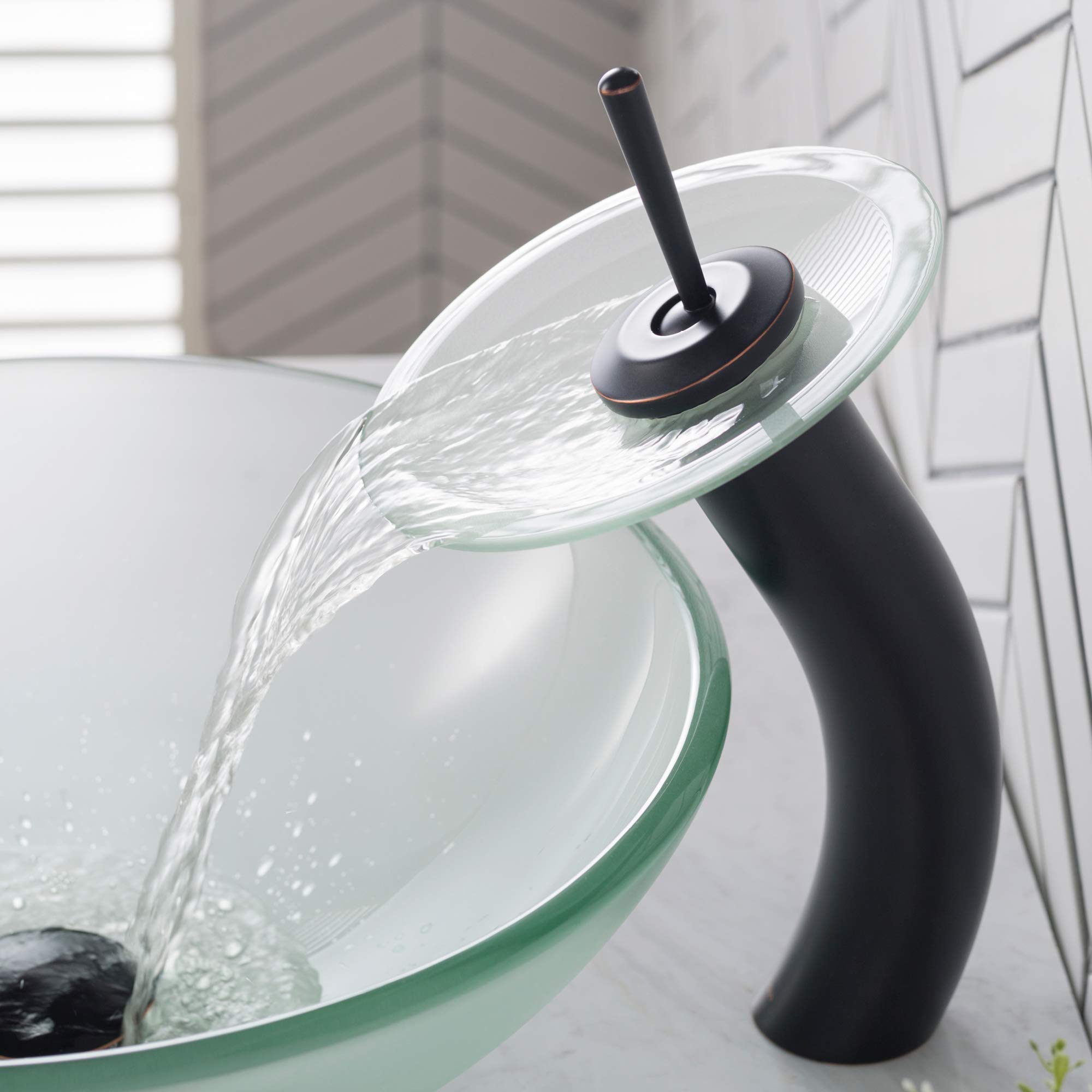 KRAUS Oil Rubbed Bronze Tall Waterfall Bathroom Faucet for Vessel Sink - Frosted Glass Disk & Pop-Up Drain, Model KGW-1700-PU-10ORB-FR | Modern Bathroom Upgrade for Spa-Like Luxury & Elegant Home Decor