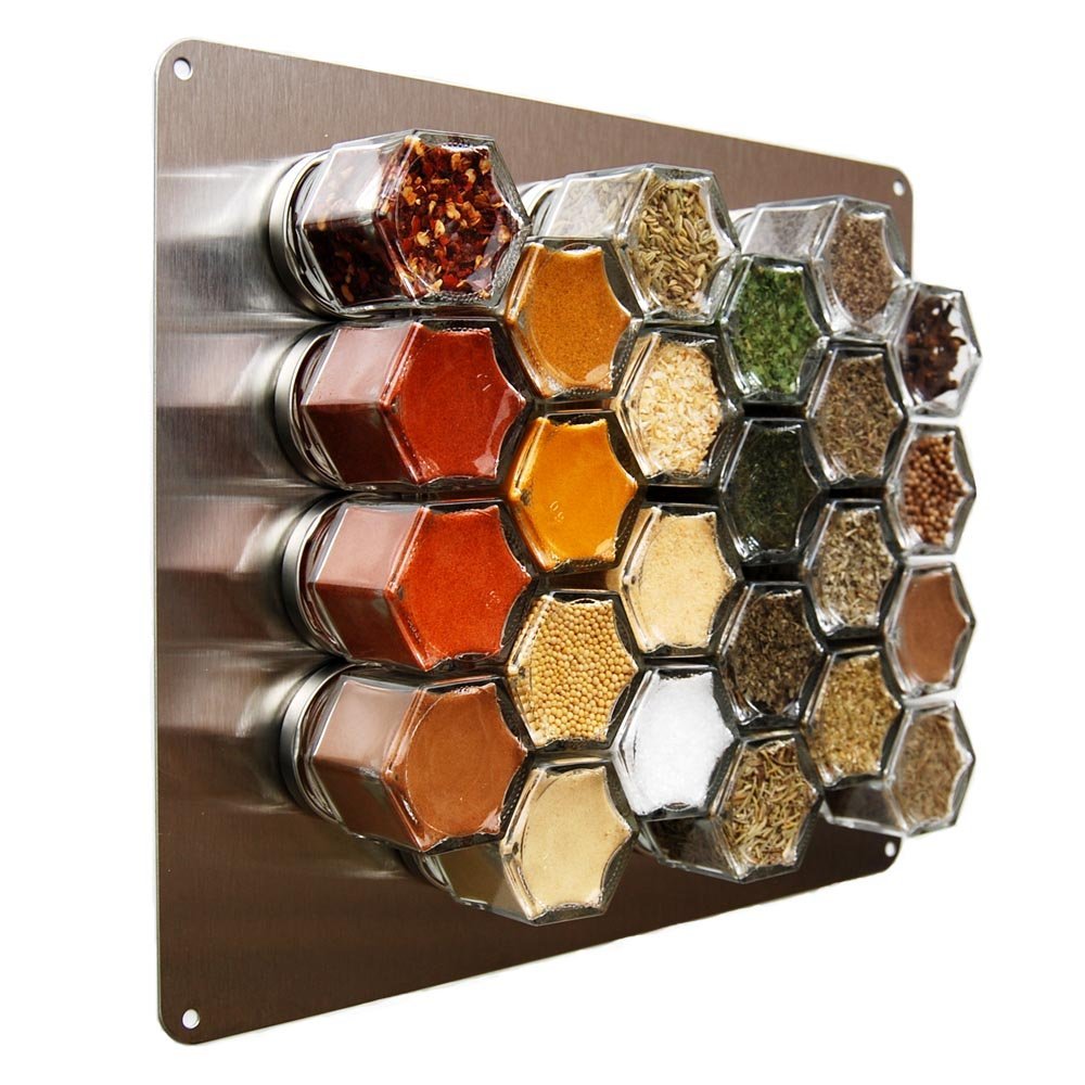 Magnetic Spice Rack with 24 Small Jars & Silver Lids - 10x12 Inch Stainless Steel Wall Mounted Spice Organizer for Kitchen, Pantry, RV, or Small Space Storage - DIY Wall Hanging Spice Holder for Easy Access & Space Saving