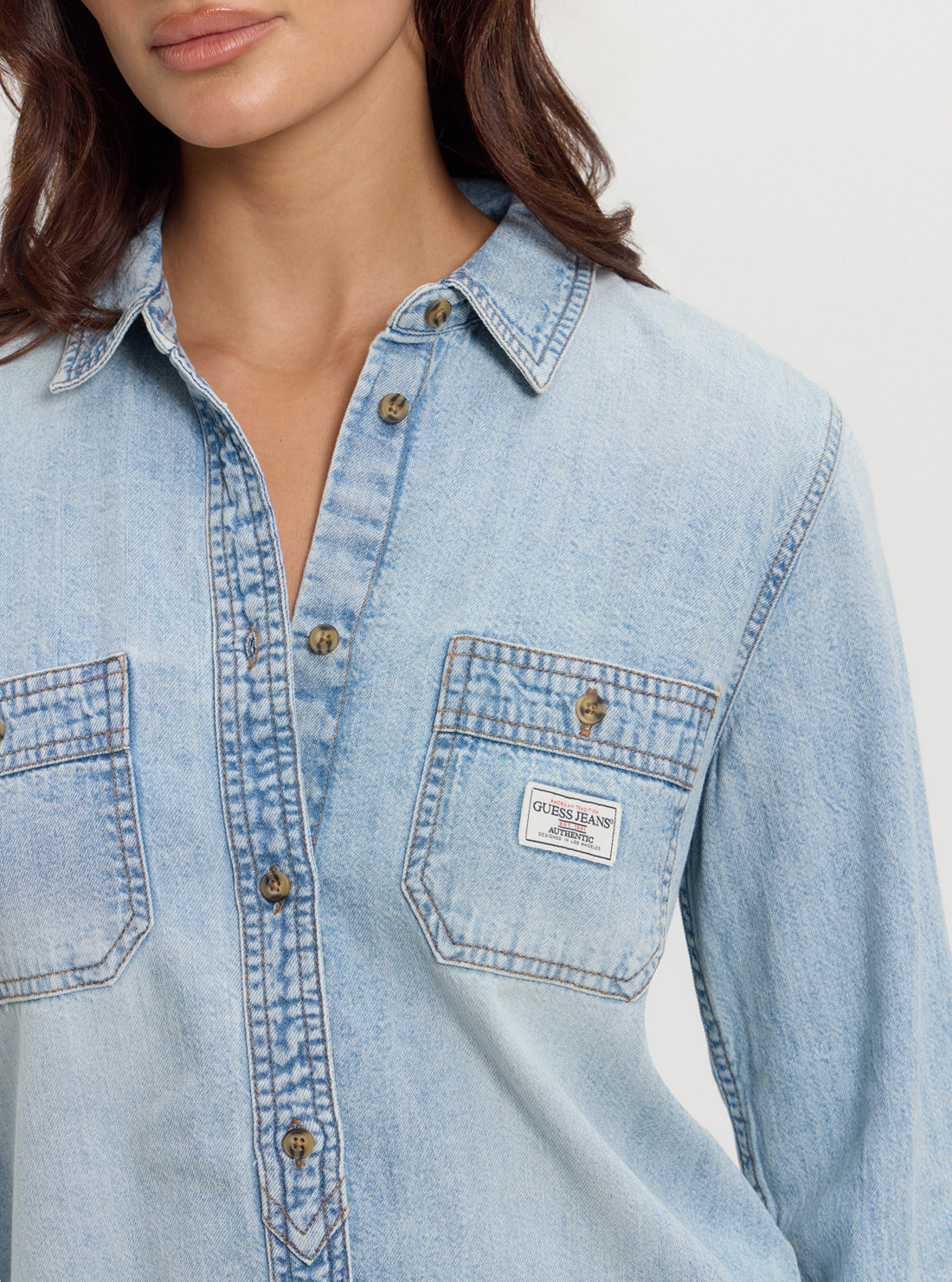 Guess Women's Blue Denim Shirt - Classic Regular Fit Button Down Shirt for Casual Wear, Layering & Everyday Outfits