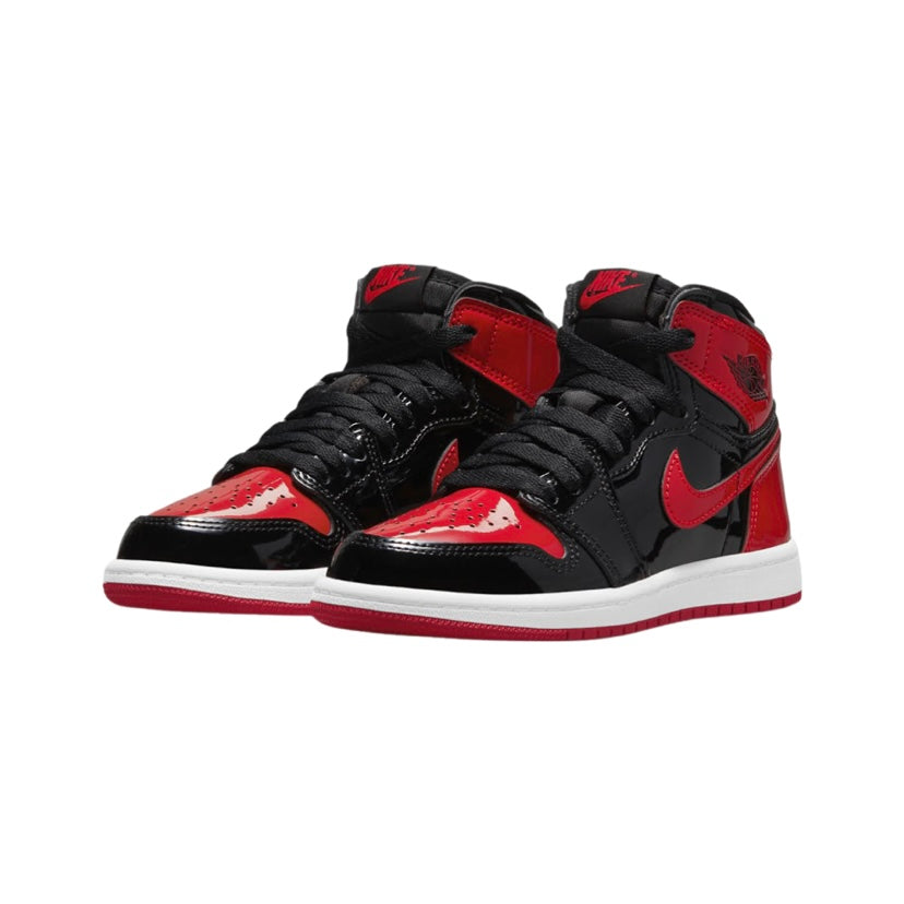 Air Jordan 1 High Retro GS Bred Patent Leather Basketball Shoes - Black/Varsity Red/White for Women & Girls - Perfect for Streetwear, Sneaker Collection & Basketball Games
