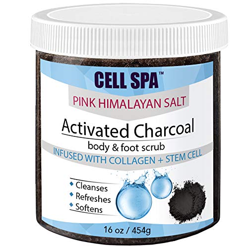 16 oz Activated Charcoal Body & Foot Scrub with Collagen, Stem Cell & Pink Himalayan Salt - Exfoliating, Anti-Cellulite, Acne Treatment for Smooth Skin - Perfect for Spa Day, At-Home Skincare Routine & Post-Workout Refresh