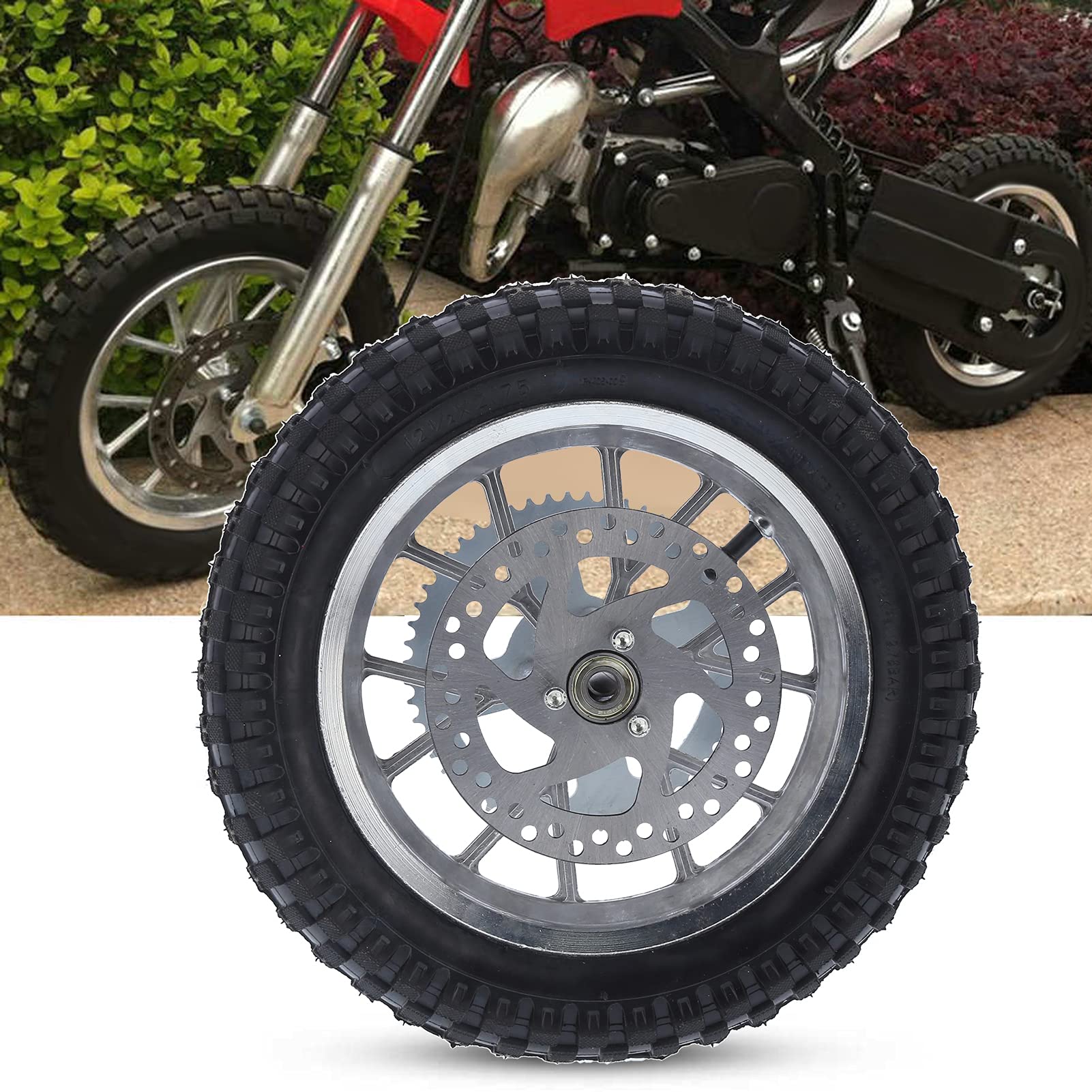 3.00-12 Dirt Bike Tire and Rim Set - 12.5x2.75 Inch Mini Bike Rear Wheel with Anti-Skid Rubber Tire & Steel Alloy Rim for 2 Stroke Dirt Bikes - Perfect for Off-Road Trails, Motocross Racing and Backyard Riding