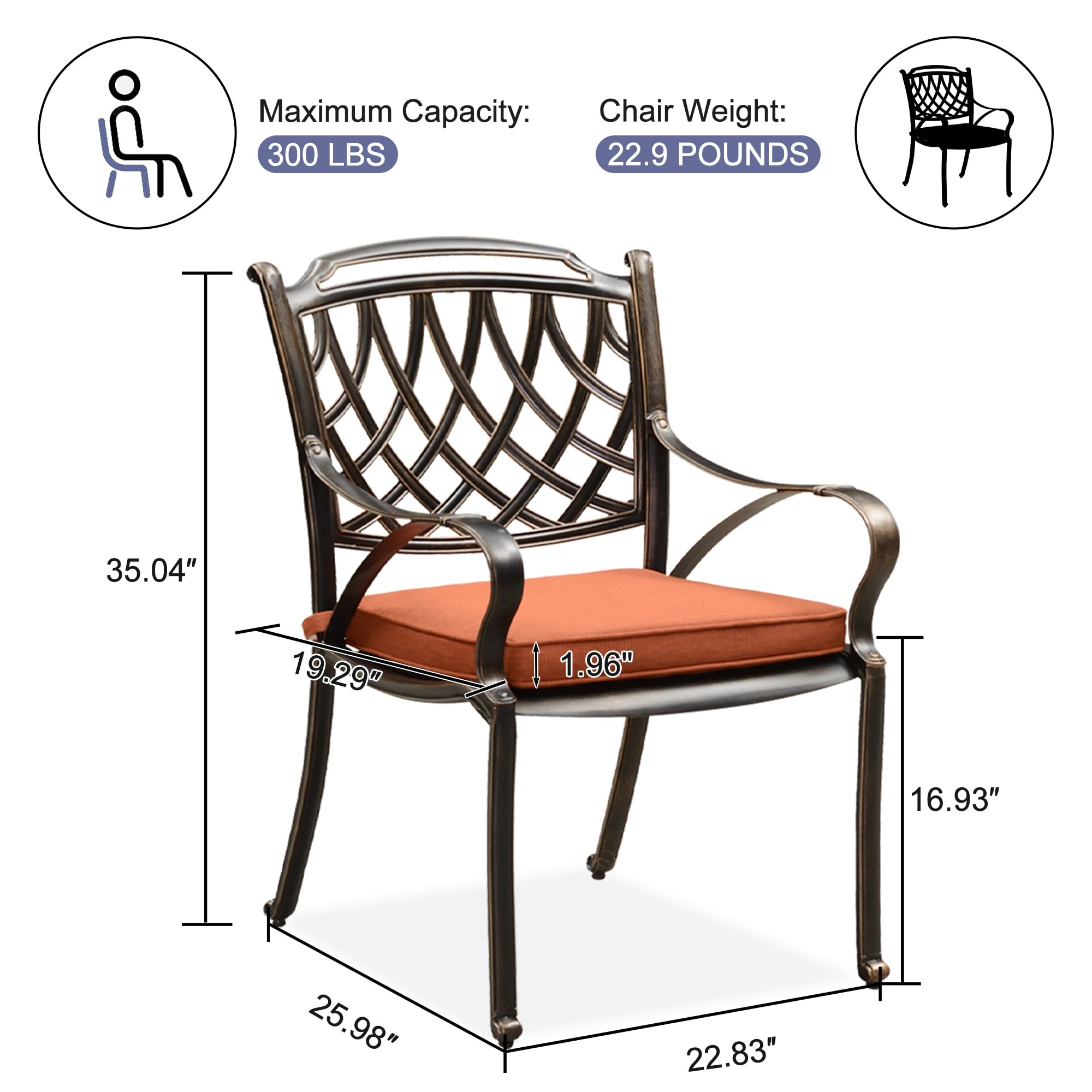 PURPLE LEAF Outdoor Dining Chair Set - 2 Cast Aluminum Patio Chairs with Cushions, Rhombic Brick Red - Perfect for Lawn, Yard, Garden & Backyard Entertaining