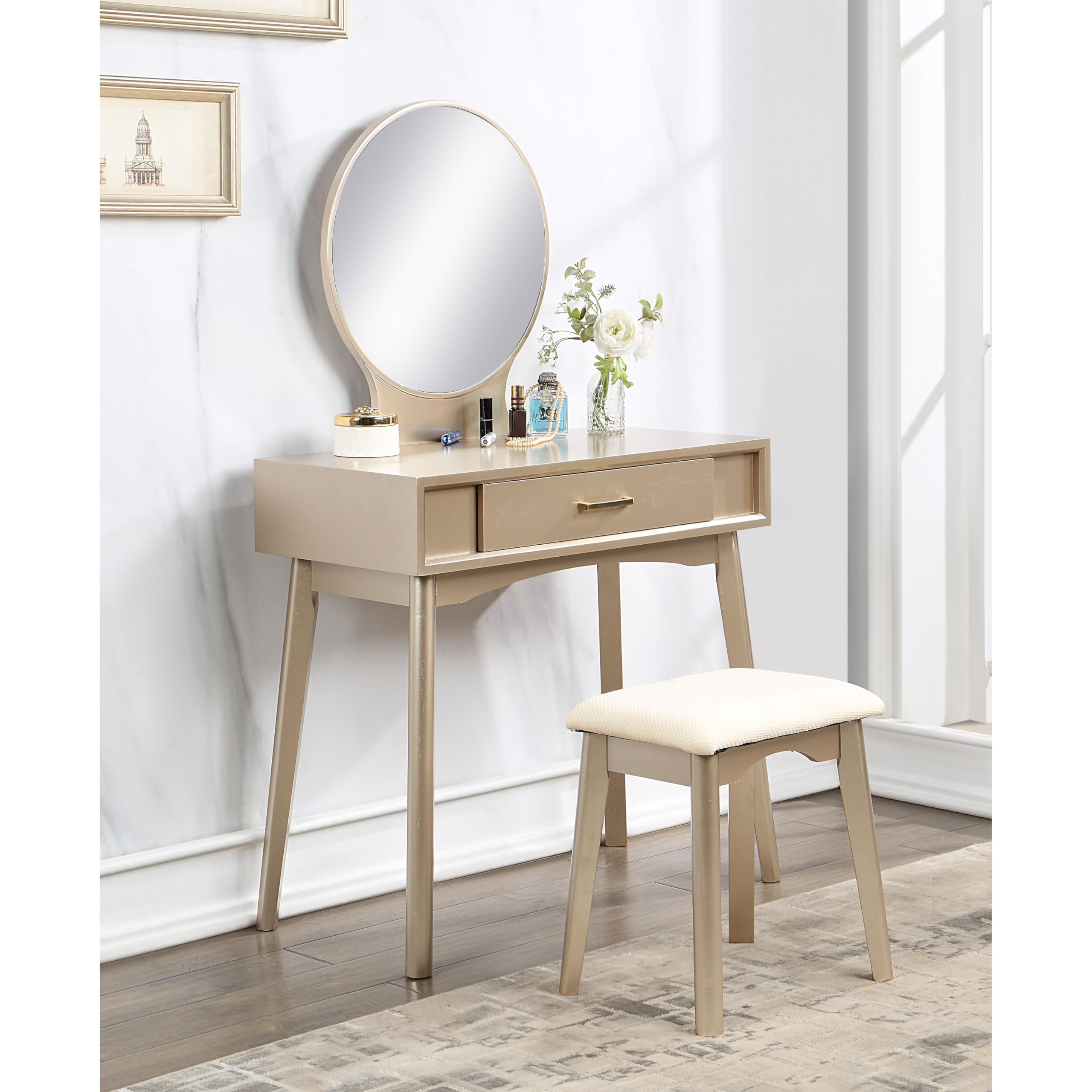 Roundhill Furniture Maly Contemporary Wood Vanity and Stool Set in Pink - Modern Dressing Table with Matching Stool for Bedroom Makeup & Beauty Routine