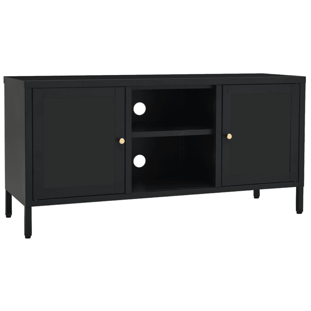 Modern Black TV Stand Cabinet - Sturdy Steel & Glass Construction with Adjustable Shelf - Spacious Storage for Living Room, Bedroom, Home Theater - Easy to Assemble & Clean