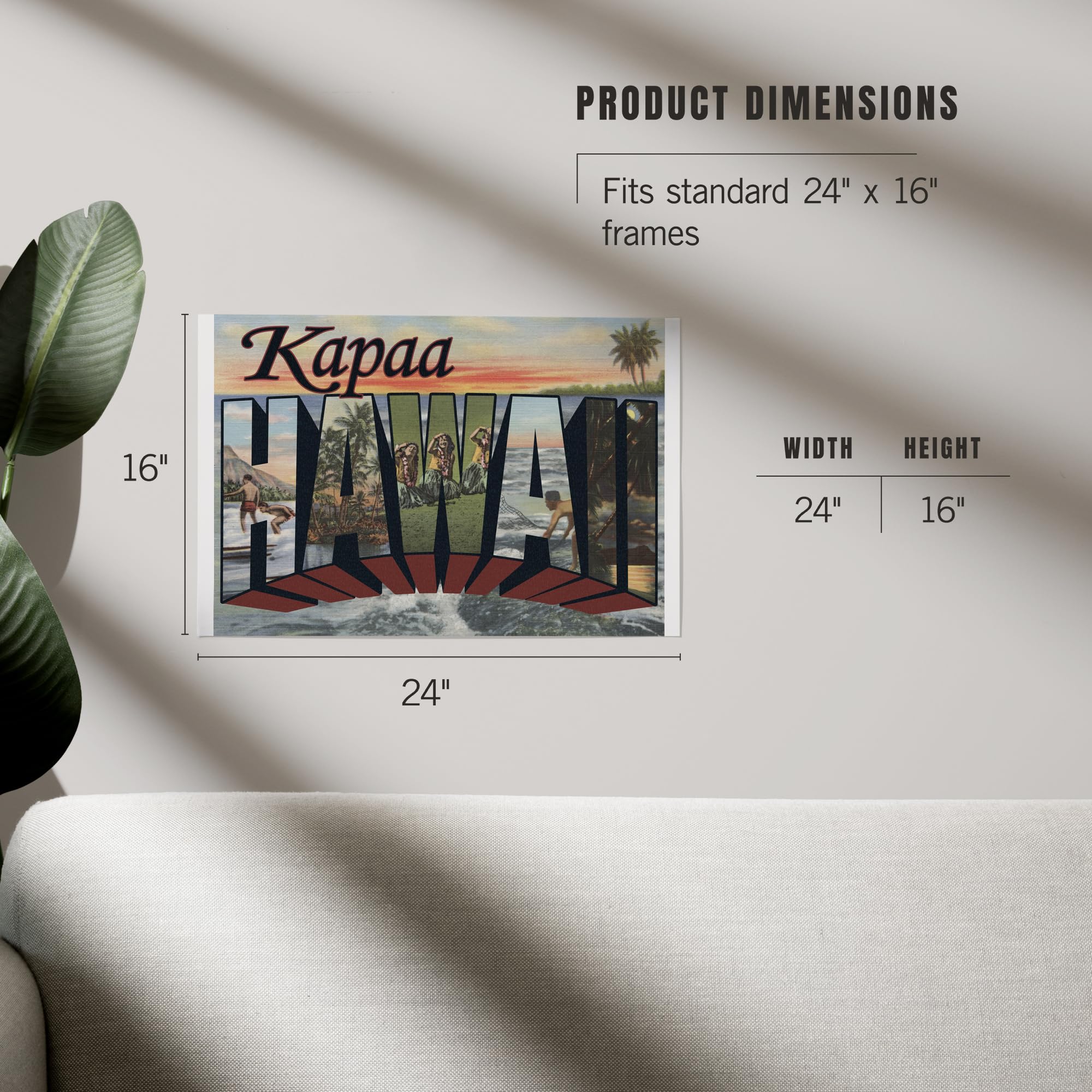 Lantern Press 16x24 Inch Giclee Art Print - Stunning Kapaa Hawaii Landscape with Large Letter Design | Perfect for Home Decor, Office Wall Art & Hawaiian Theme Gifts