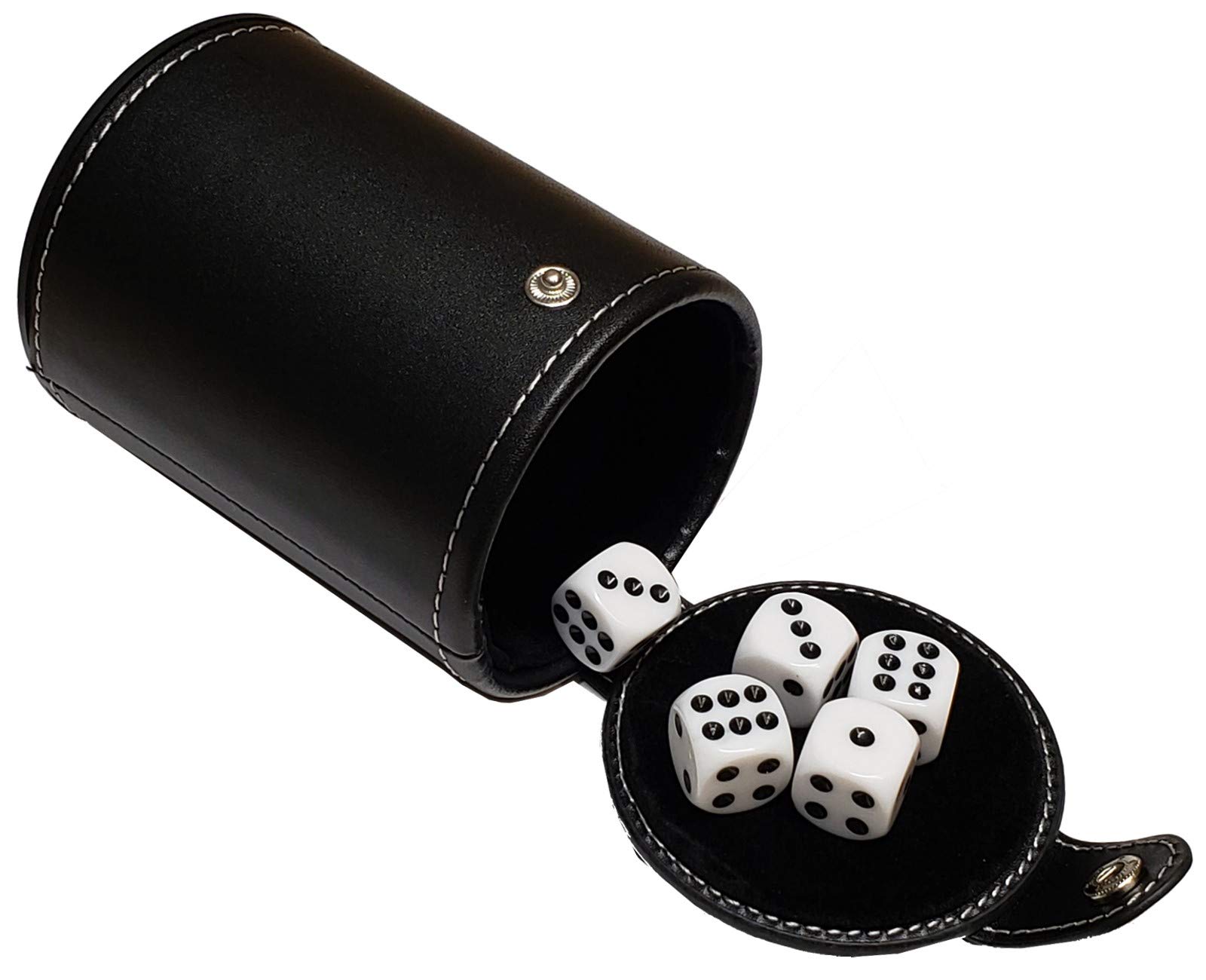 5-Piece 16mm White Dice Set with Rounded Corners & PU Leather Black Velvet-Lined Dice Cup with Storage Compartment - Perfect for D&D, Board Games, RPG, Casino Night, and Gift Giving
