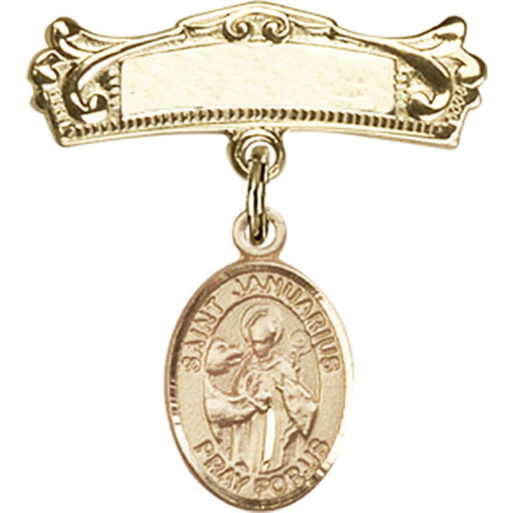 7/8 X 3/4 Inch Gold Filled Baby Badge with St. Januarius Charm - Arched Polished Pin for Christening, Baptism & First Communion Gifts