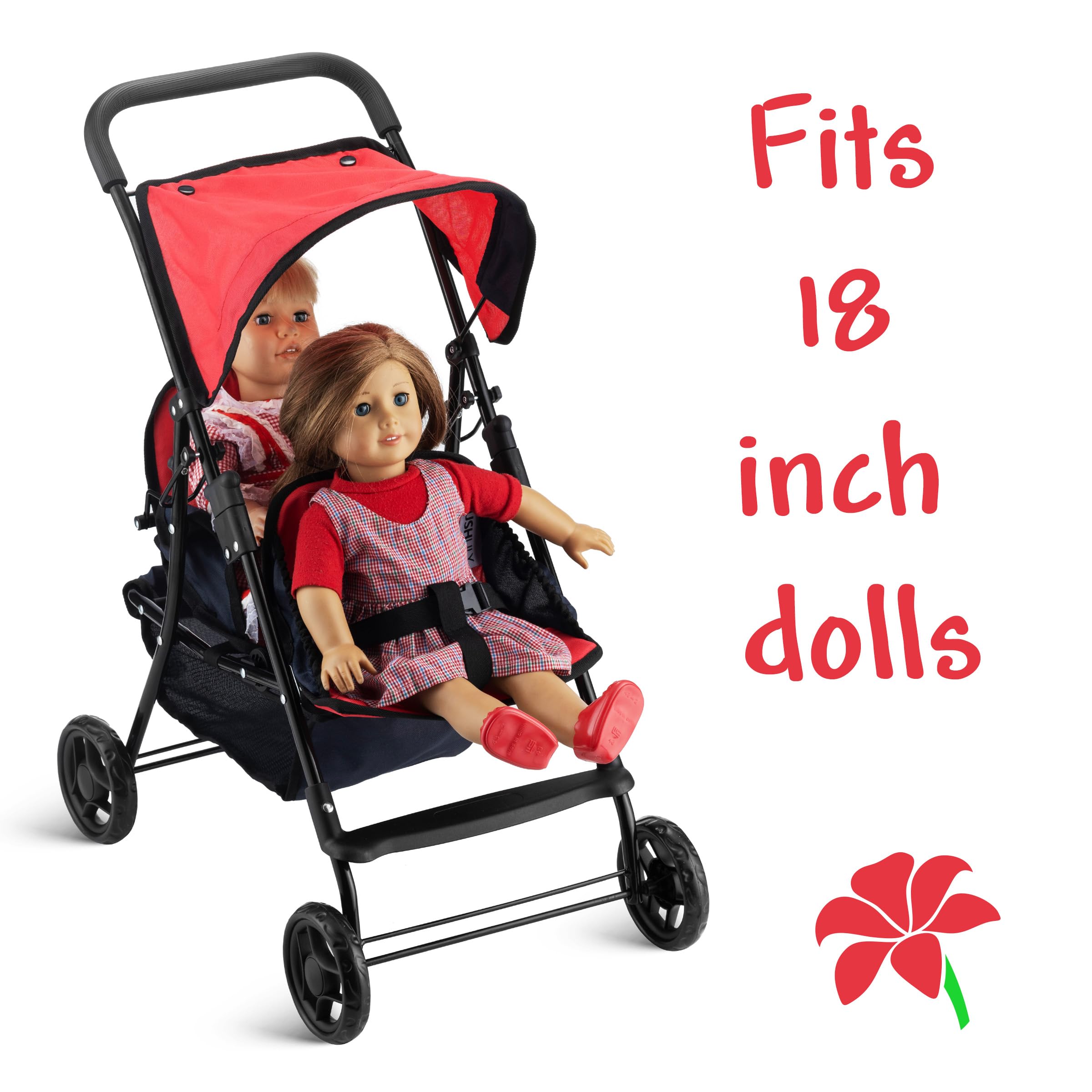 Hushlily® Tandem Double Doll Stroller for Kids - Adjustable Canopy & Storage Basket, Foldable Design with Smooth Rolling Wheels - Perfect for Indoor Play, Outdoor Walks & Doll Care Pretend Play (Red & Blue)