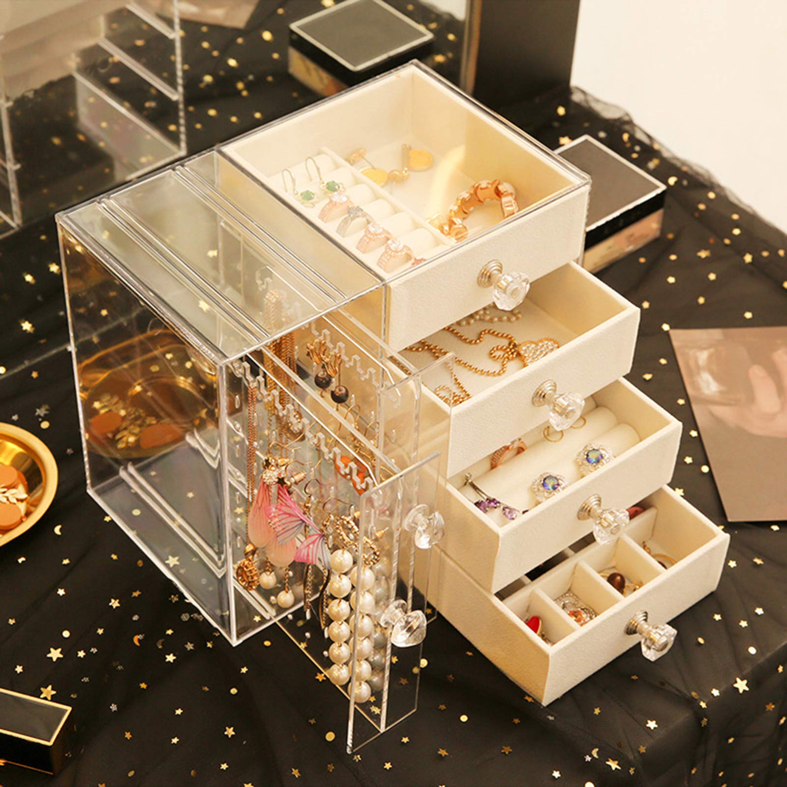 Cabilock 1pc Clear Acrylic Jewelry Box Organizer with Trays - Drawer Display Stand for Bracelets, Earrings & Necklaces - Perfect for Retail Stores, Boutiques & Home Jewelry Organization