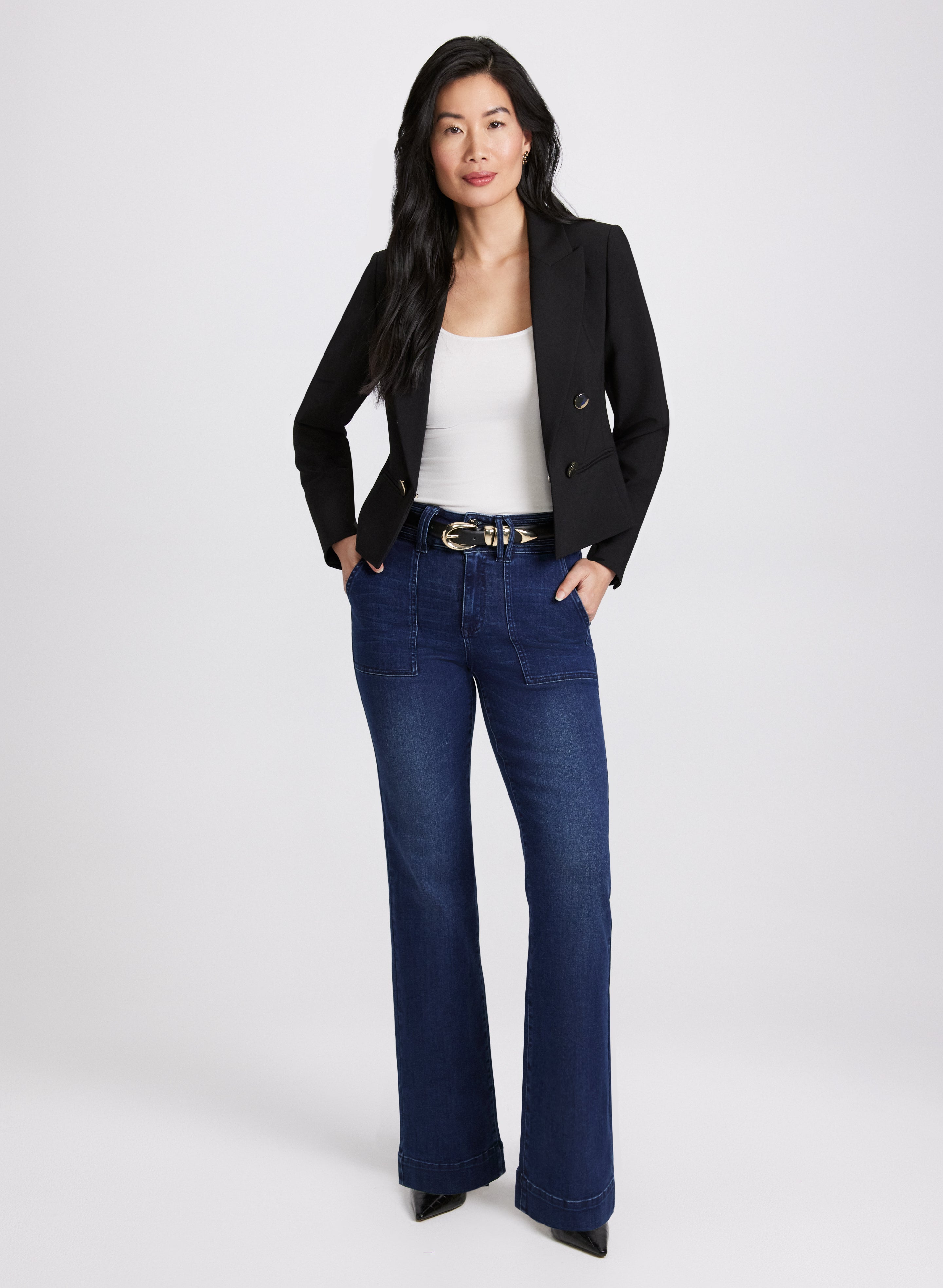 Stylish Cropped Double Breasted Blazer & Flare Leg Jeans Set for Women - Office Wear & Casual Outfit - Perfect for Work, Dates, and Night Out