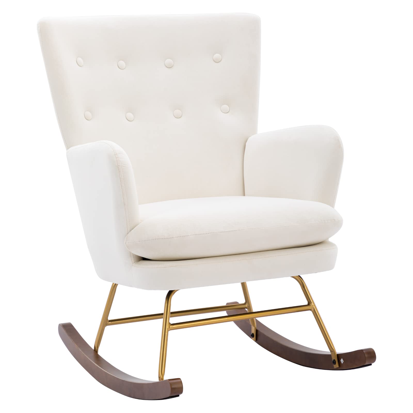 Modern Velvet Rocking Chair - Upholstered Button Tufted Nursery Chair with Sturdy Wooden Base | Comfortable Baby Nursing Chair & Wingback High Back Rocker | Perfect for Nursery, Bedroom & Living Room (White)