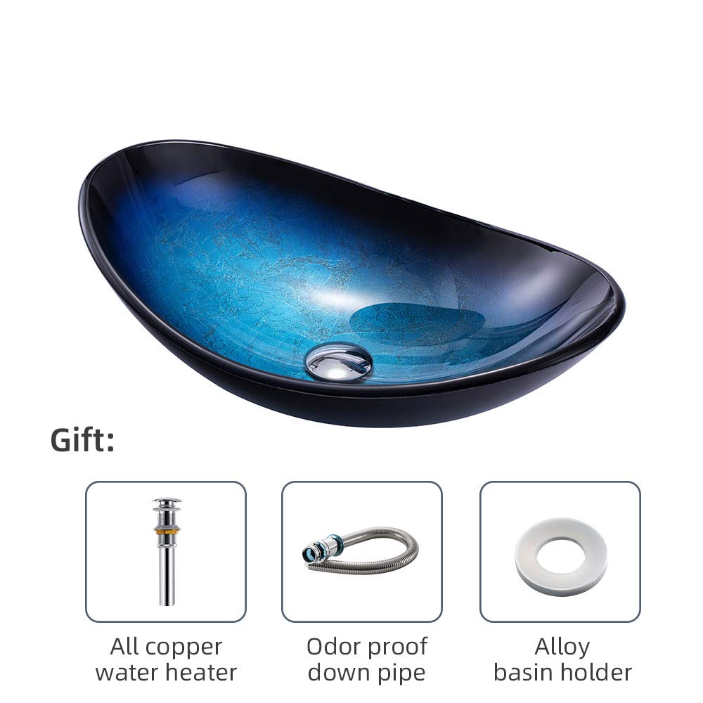 Modern Ocean Blue Tempered Glass Bathroom Vessel Sink with Pop-Up Drain - Artistic Vanity Countertop Installation for Contemporary Bathrooms - Perfect for Spa-Like Master Baths and Luxury Powder Rooms