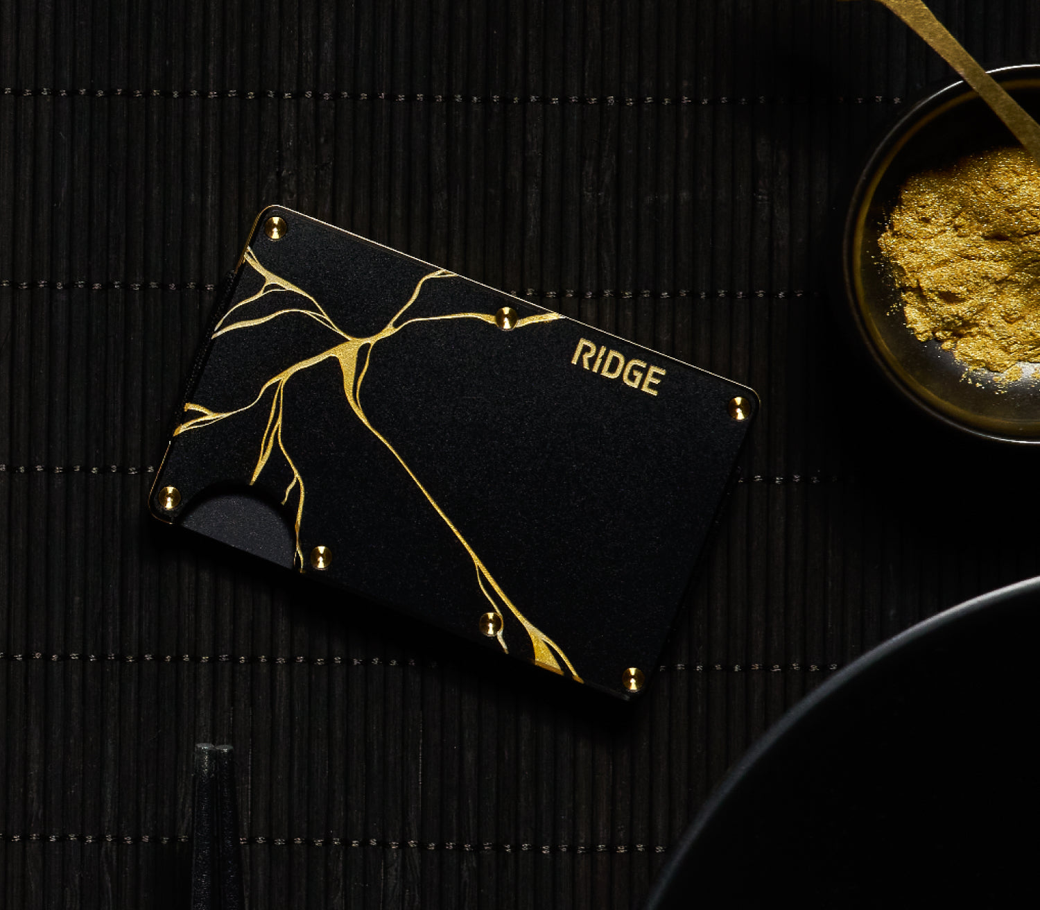 Ridge Wallet Kintsugi Black - Slim Minimalist RFID Blocking Metal Wallet for Men - Perfect for Everyday Carry, Travel & Gifting