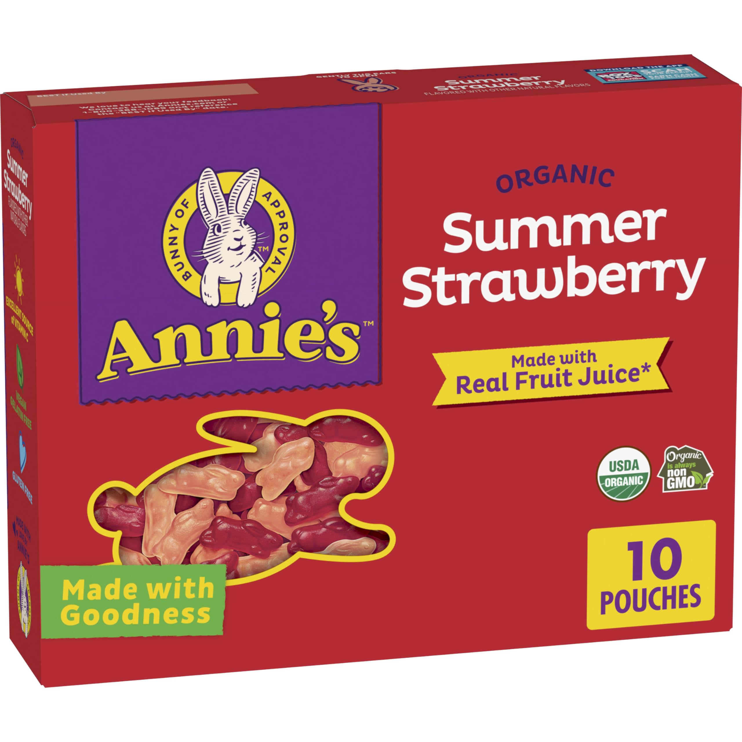 Organic Bunny Fruit Snacks - Gluten Free Strawberry Flavored Treats (10 Pouches, 7 oz) | Easter Basket Fillers, Kids Lunch Box Snacks & Healthy On-the-Go Snacking