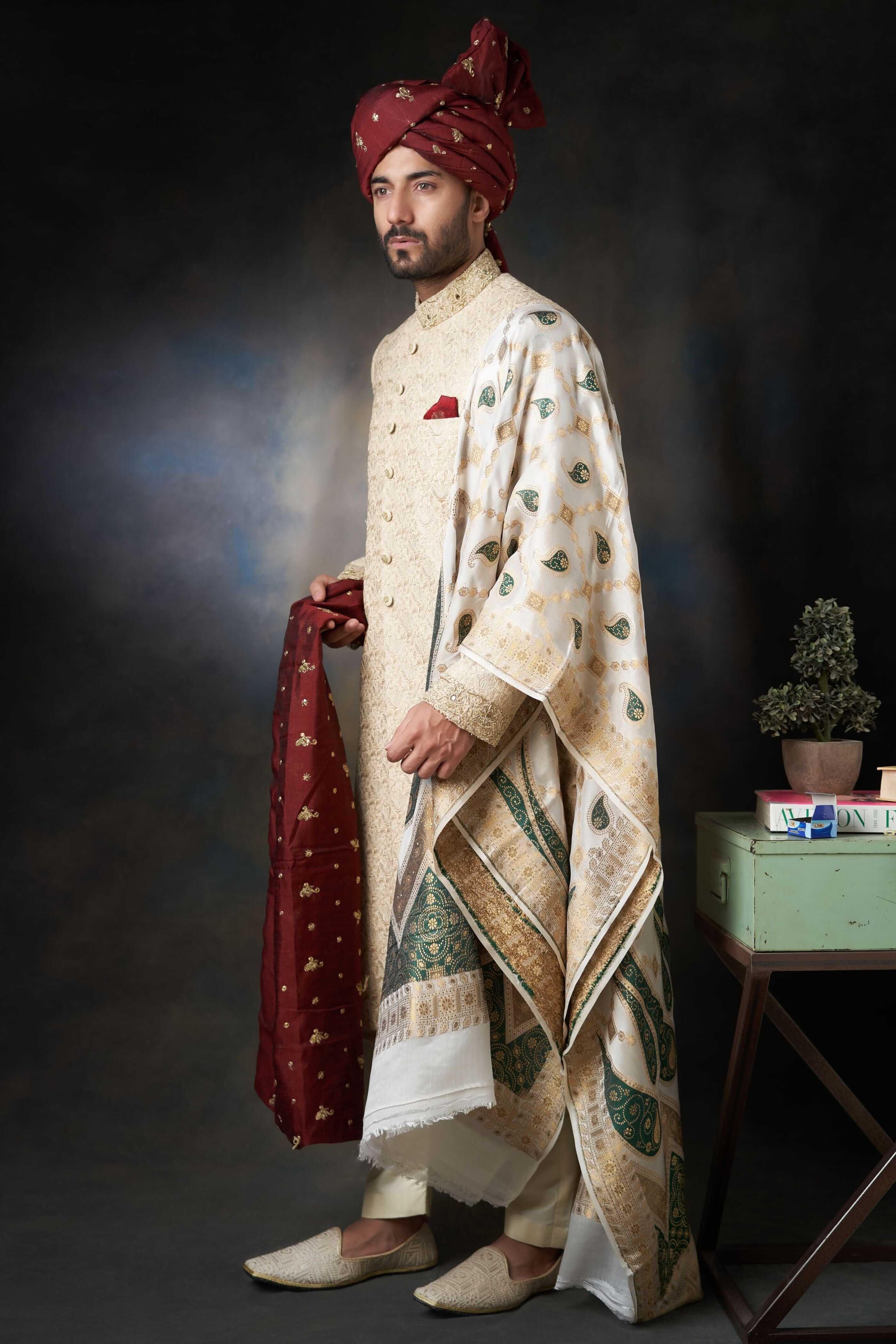 Exquisite Gold Thread Embroidered Raw Silk Sherwani with Matching Silk Shawl | Traditional Indian Wedding Attire for Groom & Groomsmen | Perfect for Weddings, Festivals & Special Occasions