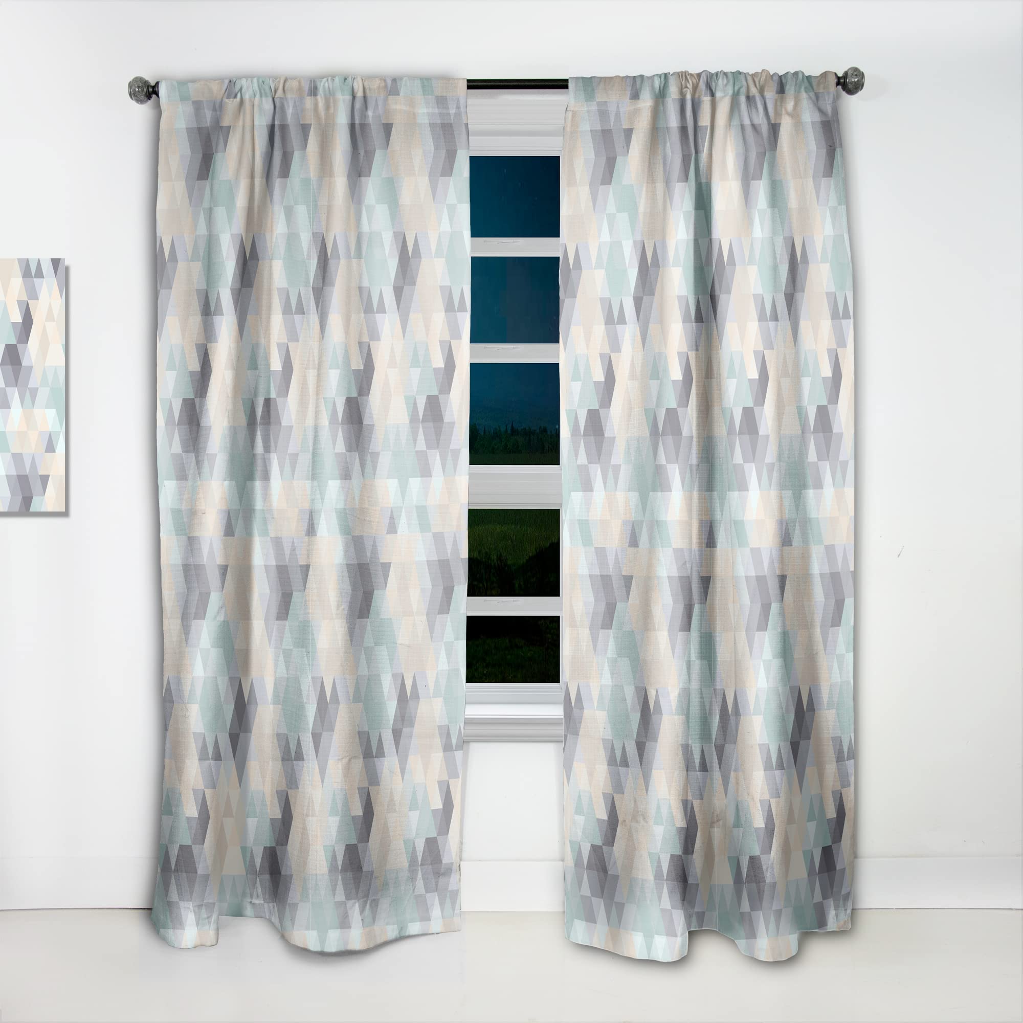 Blue and Beige Geometric Triangle Pattern Thermal Insulated Curtains - 52x63 Inch Single Panel for Bedroom & Living Room - Energy Saving Window Treatment for Home Decor