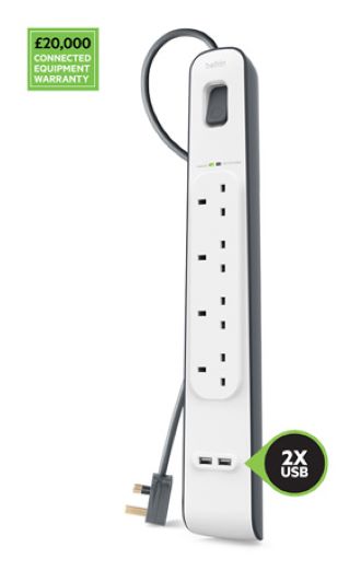 Belkin BSV401SA2M 4-Outlet Surge Protector with 2 USB Ports (2M/6.5ft Cable) - Power Strip for Home, Office, Gaming & Travel Protection