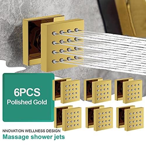 Premium 6-Piece Square Massage Body Jets Shower Set - Polished Gold Solid Brass Wall-Mounted Spray Nozzles for Spa-Like Relaxation | Perfect for Bathroom Renovation & Luxury Shower Experience