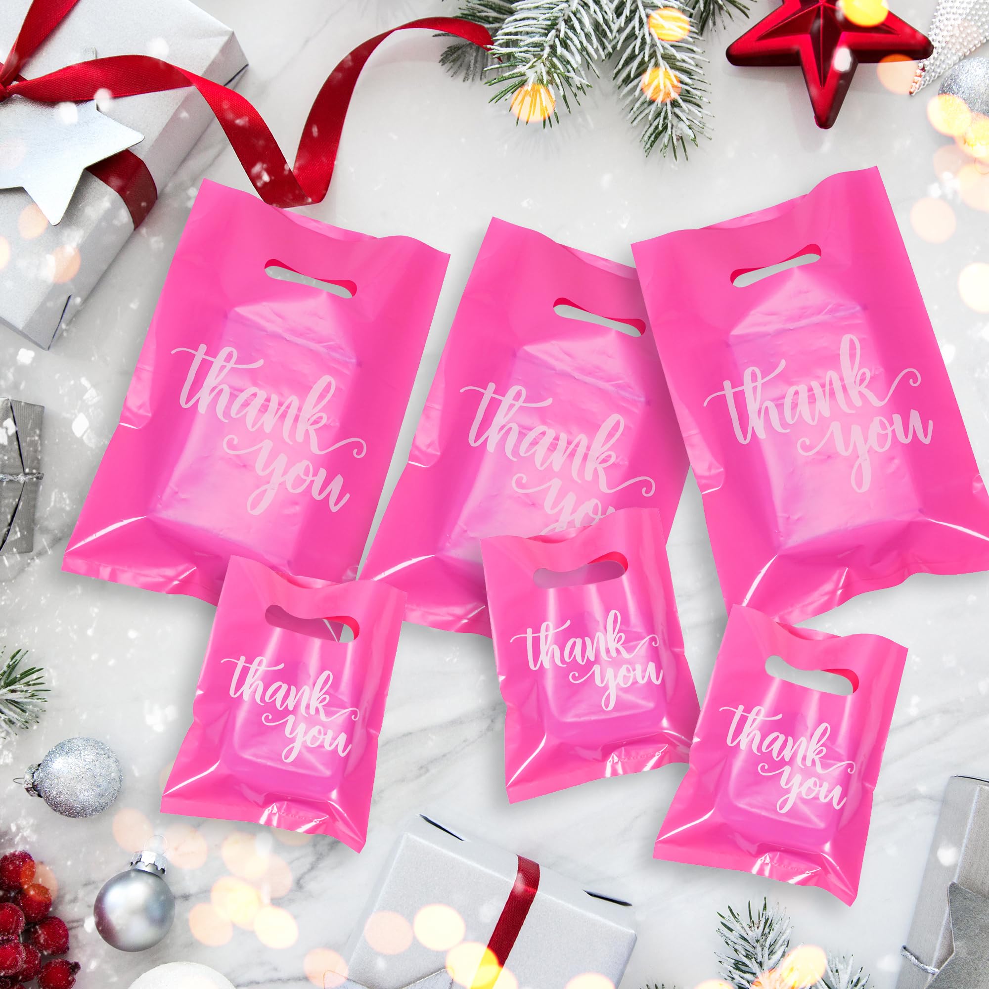 200 Pack Thank You Bags - 3 Sizes (13.8x9.8 In, 11.8x7.9 In, 7.9x5.9 In) Plastic Goodie Bags with Handles - Bulk Party Favor Bags, Retail Merchandise Bags, Gift Bags for Weddings, Baby Showers & Birthday Parties