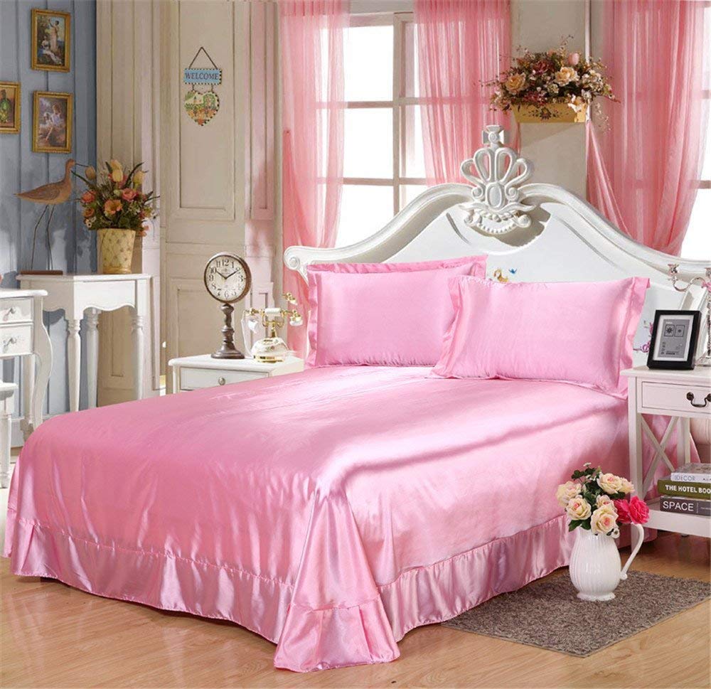Luxury 4-Piece Pink Satin Duvet Cover Set - California King Size, Soft Silky Fabric with 1 Button Closure Duvet Cover, 1 Deep Pocket Fitted Sheet (21