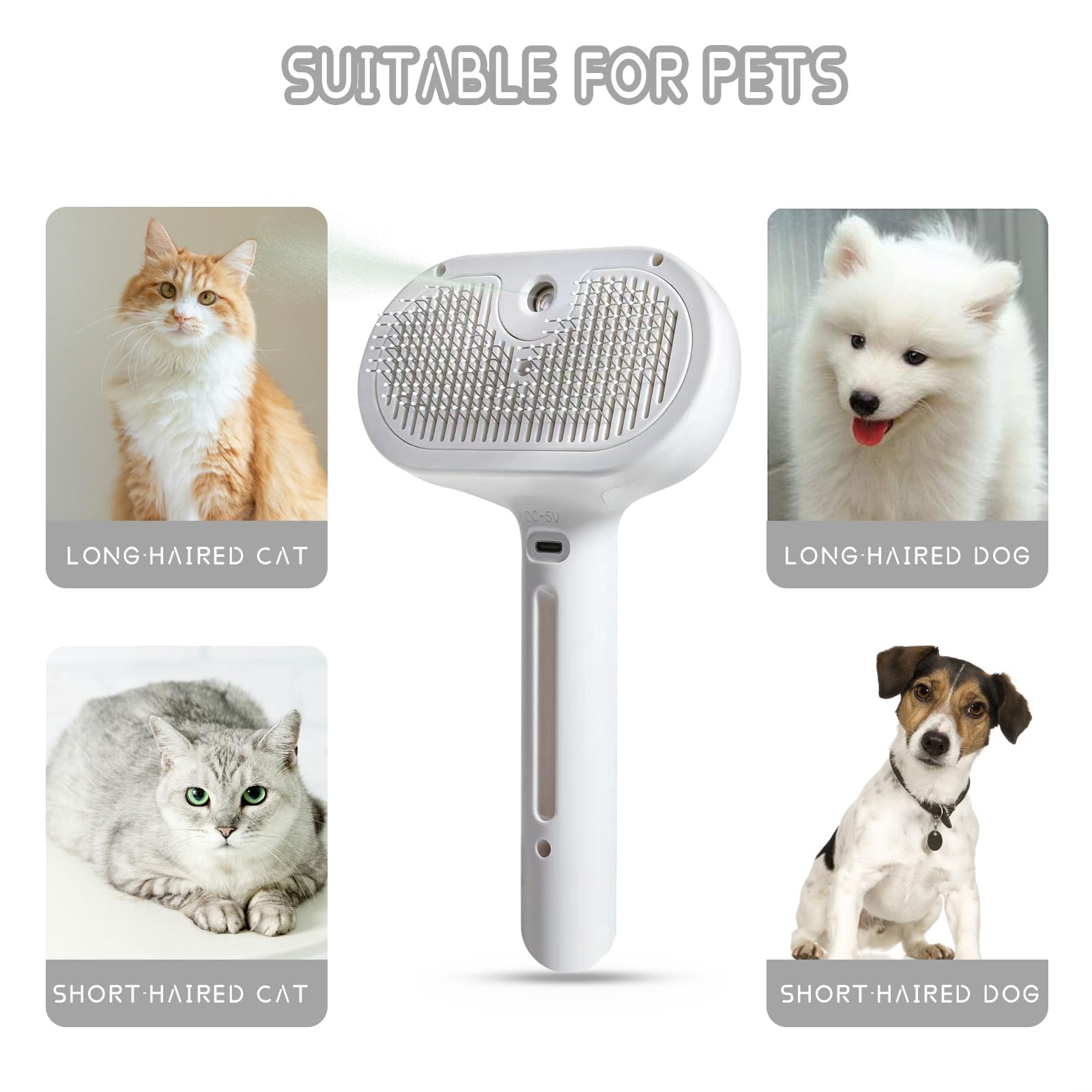 **Self-Cleaning Spray Cat Brush for Shedding - Water Tank Pet Hair Removal Comb with Release Button for Cats & Dogs - Steam Grooming Brush for Bathing & Deshedding - White (Perfect for Home Grooming & Pet Spa Days)**