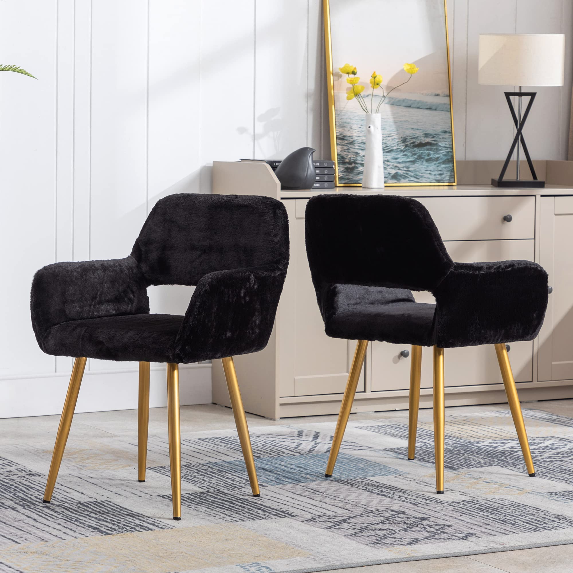 KCC Furry Desk Chair - Mid-Century Modern Faux Fur Accent Chair for Teen Girls & Women, Comfortable Armchair with Wood-Look Metal Legs for Living Room, Dining Room, Home Office, Vanity Makeup Desk - No Wheels, Black - Perfect for Cozy Reading Nooks & Stylish Workspaces