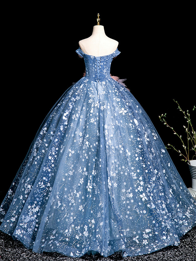 Elegant A-Line Off Shoulder Tulle Lace Gray Blue Long Prom Dress - Formal Evening Gown for Homecoming, Wedding, Ball & Special Occasions