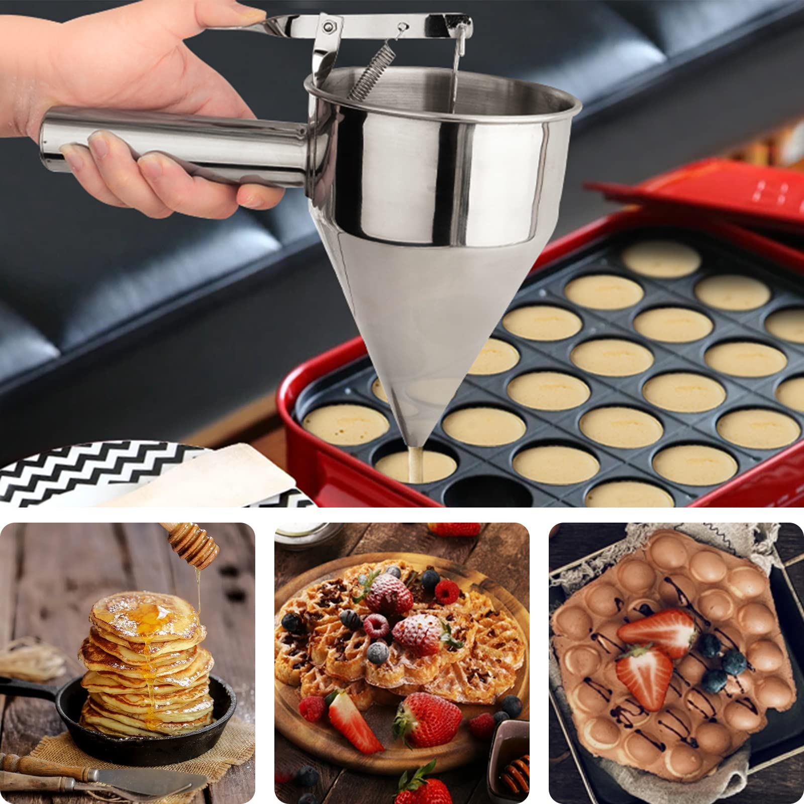 Premium Stainless Steel Pancake Batter Dispenser with Stand - Perfect Kitchen Tool for Pancakes, Waffles, Cupcakes & Crepes - Easy Pour Funnel for Baking Supplies - Ideal for Home Bakeries, Breakfast Restaurants & DIY Cooking Enthusiasts