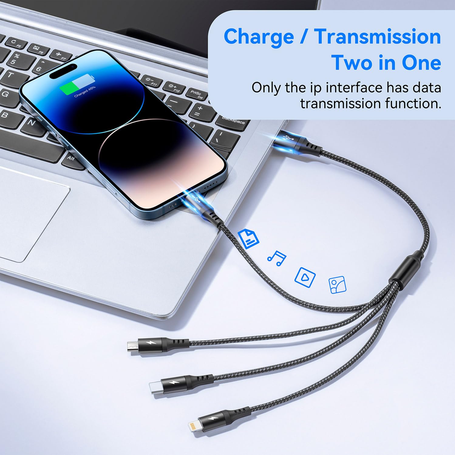 2-Pack RULUS 35CM Braided Multi Charging Cable - 4-in-1 Fast Charger with USB-C/Micro USB/Lightning Ports for iPhone, Android, iPad, Tablet | Home, Office, Car & Travel Use