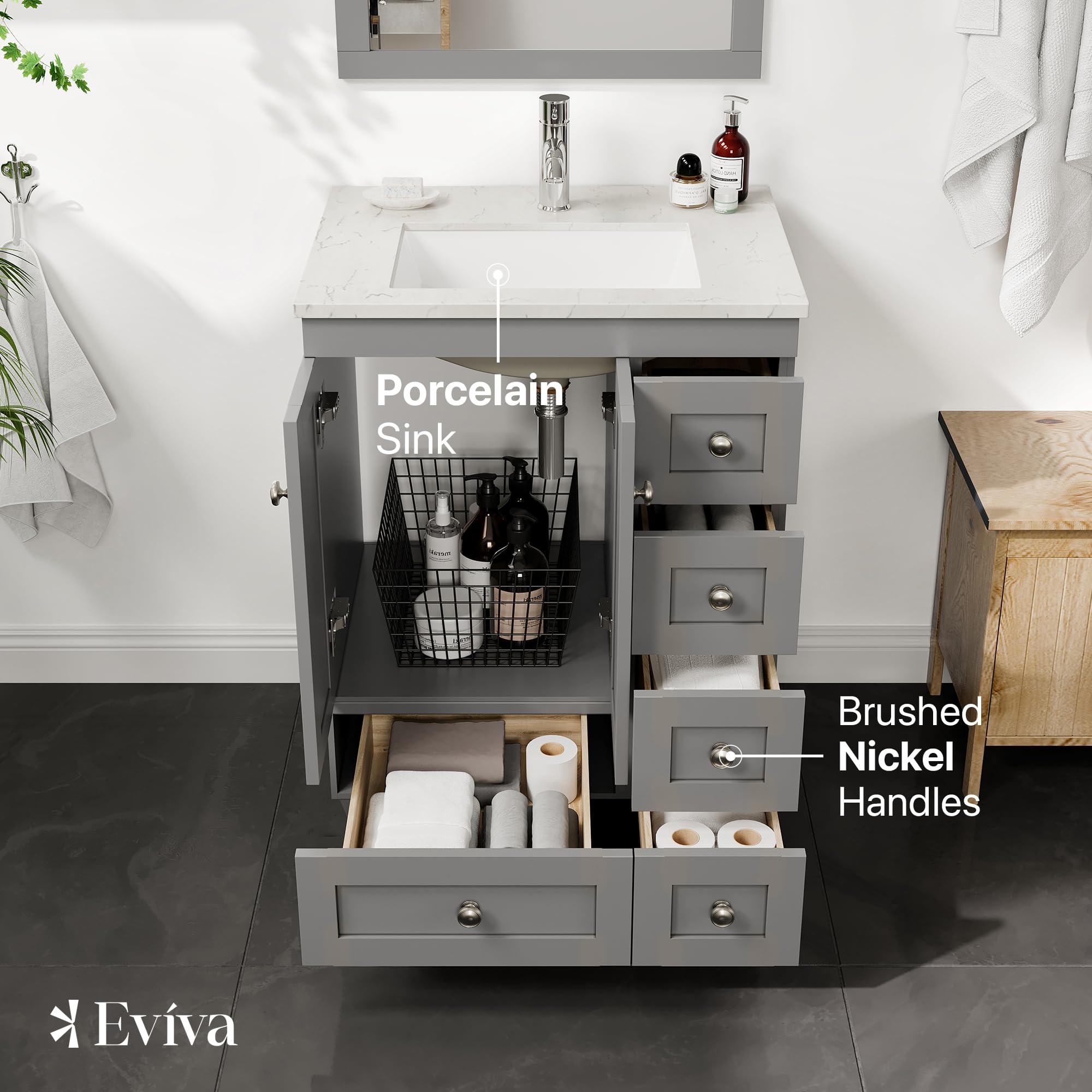 Eviva Happy 24 Inch Bathroom Vanity Set with Quartz Countertop & Porcelain Sink - Grey Small Bathroom Cabinet for Modern Spaces | Perfect for Powder Rooms, Guest Baths & Compact Master Bathrooms