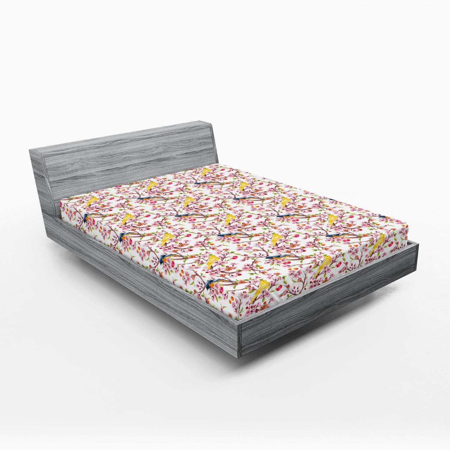 Ambesonne Queen Size Fitted Sheet - Watercolor Sakura Cherry Blossom Floral Design with Birds, Deep Pocket All-Around Elastic for Mattress (60