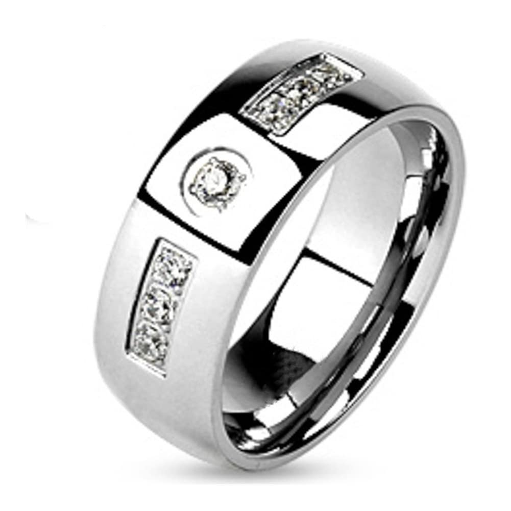 Elegant 8mm Stainless Steel Rings for Women & Men - White Cubic Zirconia & Black Epoxy Wedding Bands, Couple Rings, Fashion Jewelry - Perfect for Anniversaries, Engagements & Everyday Wear (Style 3, Size 6)