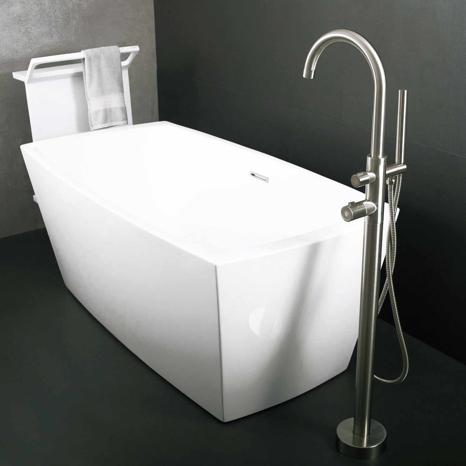 DAX Freestanding Bathtub Faucet with Hand Shower & Gooseneck Spout - Brushed Nickel Finish, Stainless Steel Construction - 5 13/16