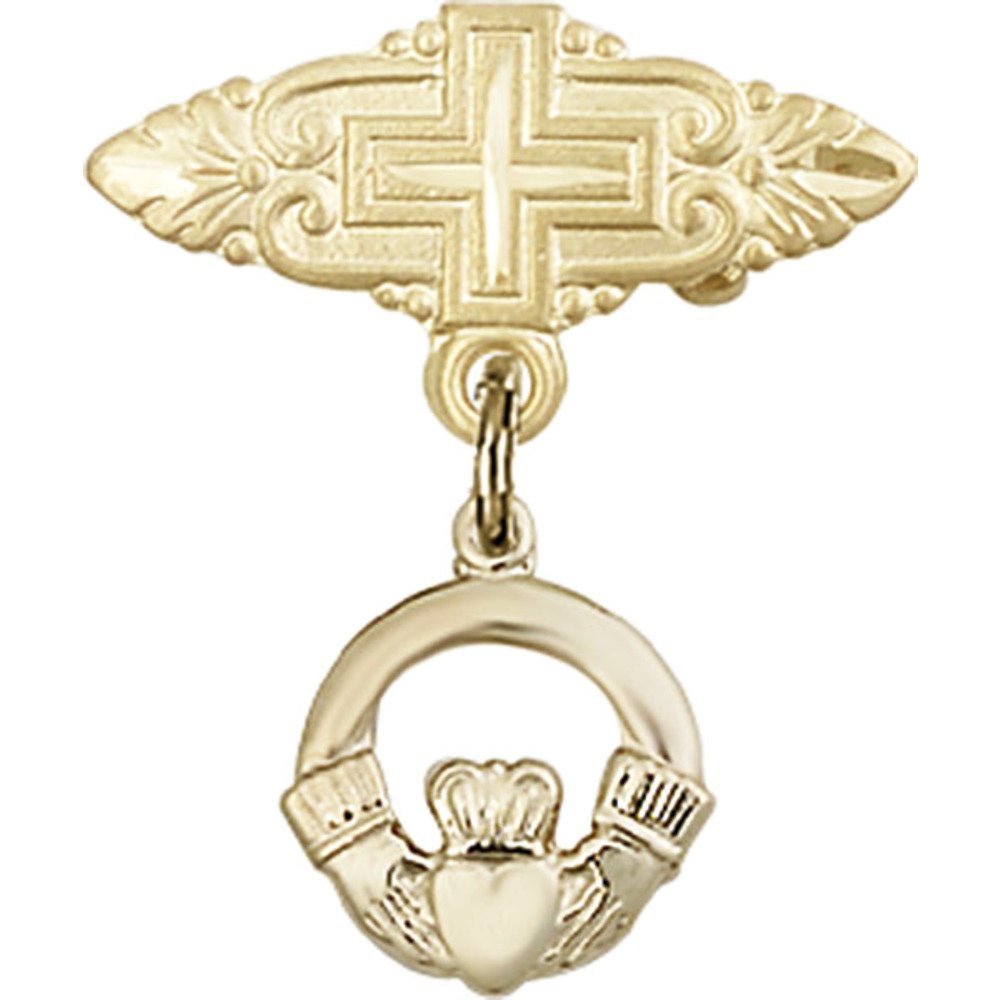 Gold Filled Baby Badge with Claddagh Charm & Cross Pin - 7/8 X 3/4 Inches - Perfect for Christening, Baptism & First Communion Gifts