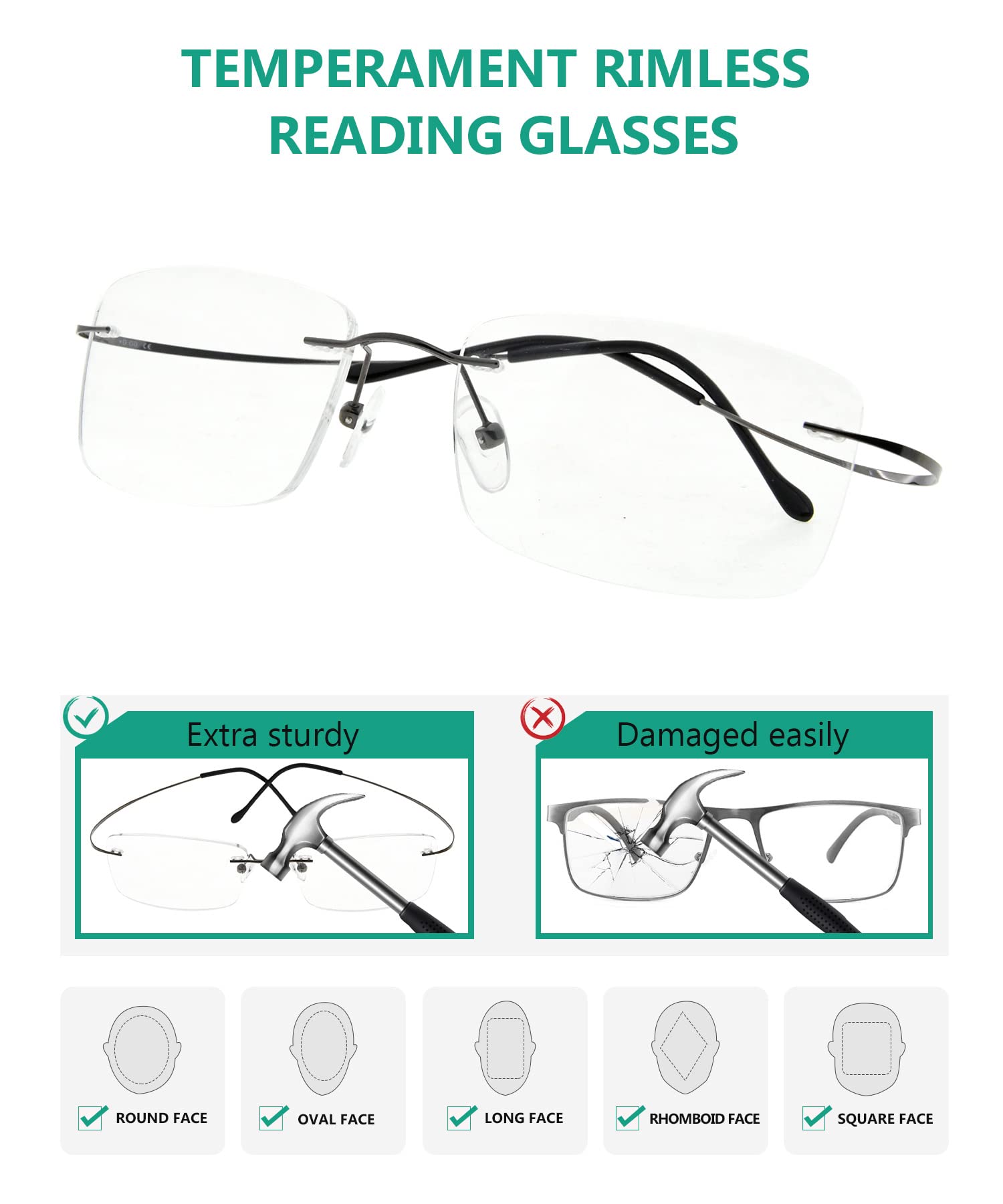 Titanium Rimless Reading Glasses for Men +3.00 Strength - Lightweight Gunmetal Eyewear for Reading, Computer Work & Outdoor Use
