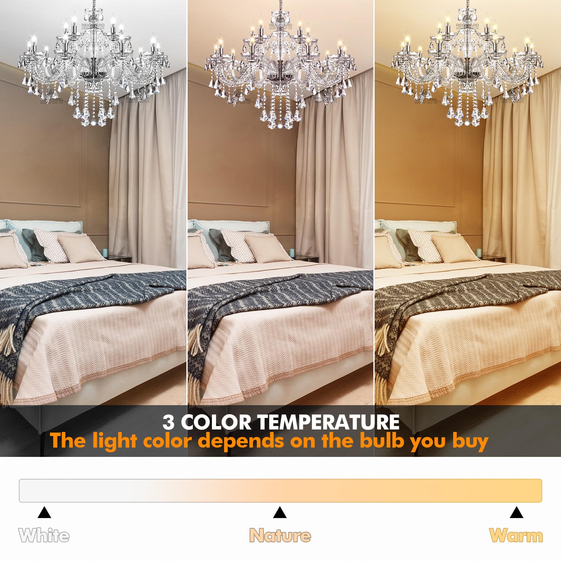 Ridgeyard 15-Light Crystal Chandelier - Modern Clear Crystal Pendant Ceiling Light Fixture for Dining Room, Living Room, Bedroom, Hallway & Entryway | Elegant Lighting for Weddings, Restaurants & Luxury Homes