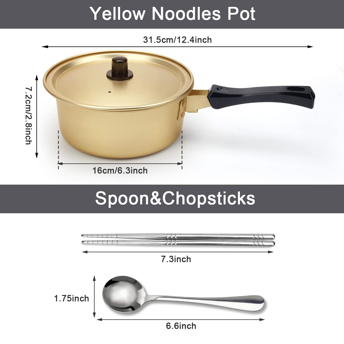 **AHIER Korean Ramen Cooking Pot with Lid, Spoon & Chopsticks - Fast Heating Noodle Pot for Stovetop & Camping - Single Handle Non-Stick Kitchen Cookware**