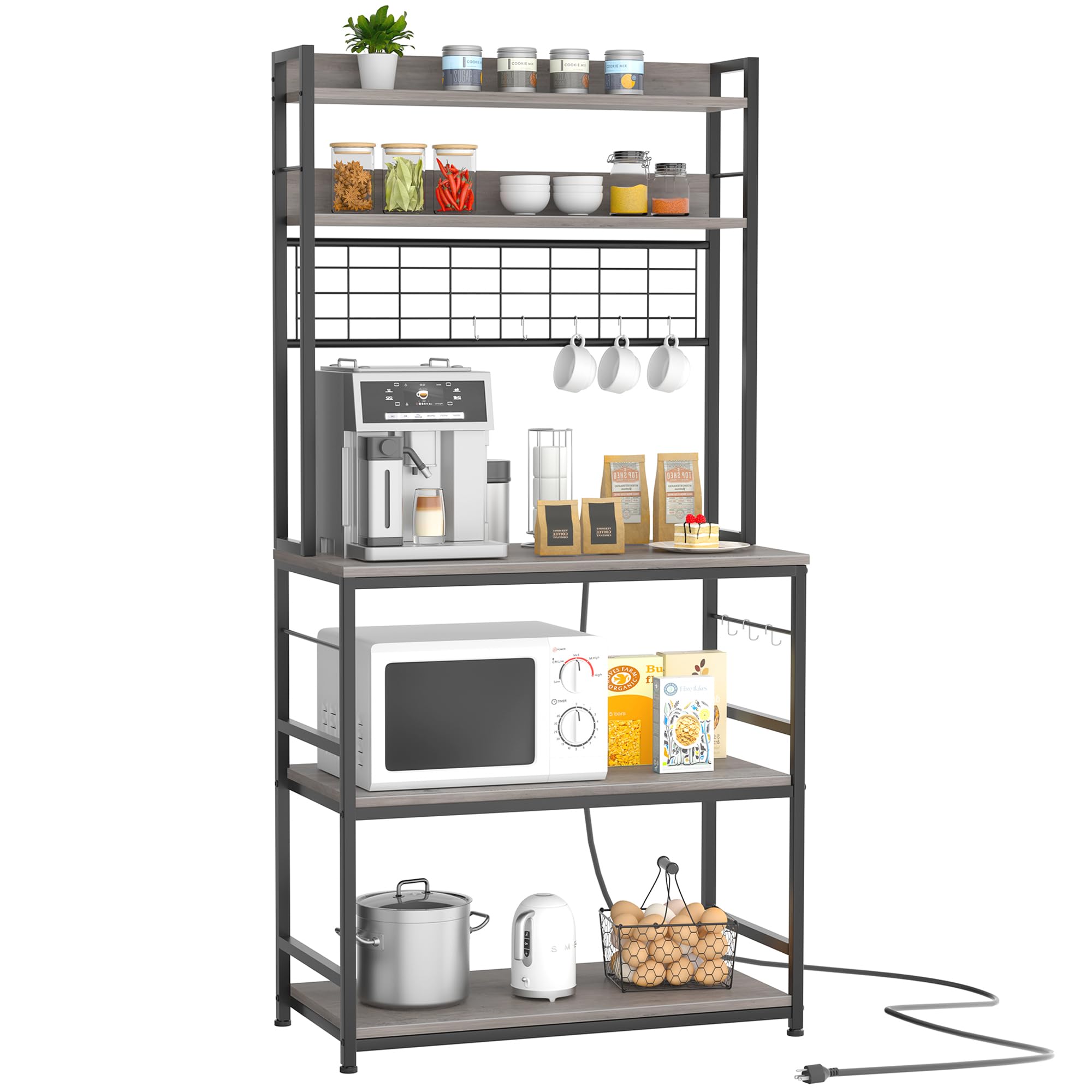 JAMFLY 5-Tier Kitchen Bakers Rack with Power Outlet & Storage Cabinet - Coffee Bar Organizer, Microwave Stand with 10 Hooks & Metal Wire Panel (Grey) - Perfect for Small Kitchens, Pantry Storage & Coffee Station Setup